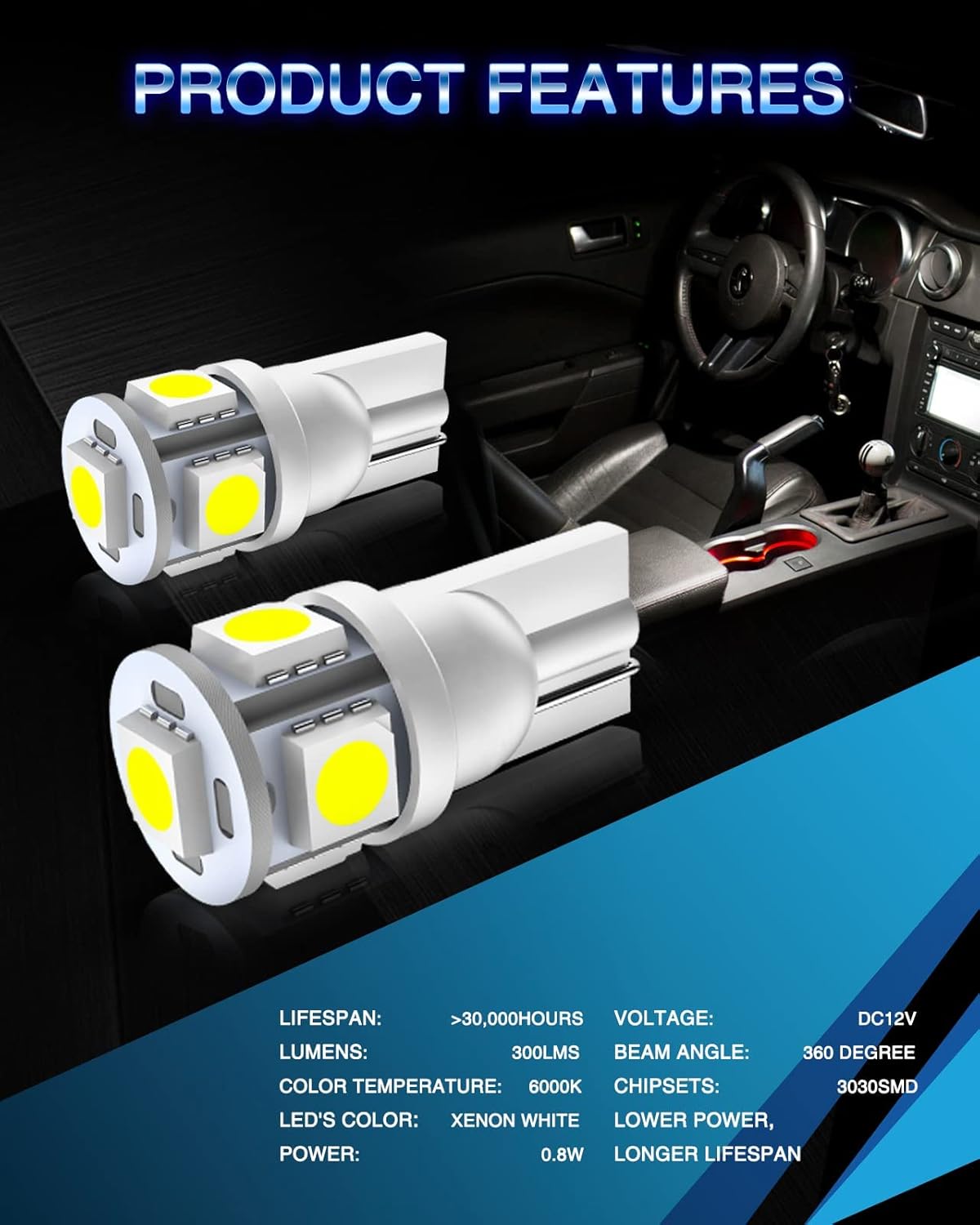 Thumbnail 3 de Marsauto 194 LED Bulbs (Pack of 10) 6000K White – 5SMD, 12V T10 194/2825 W5W Replacement Lights