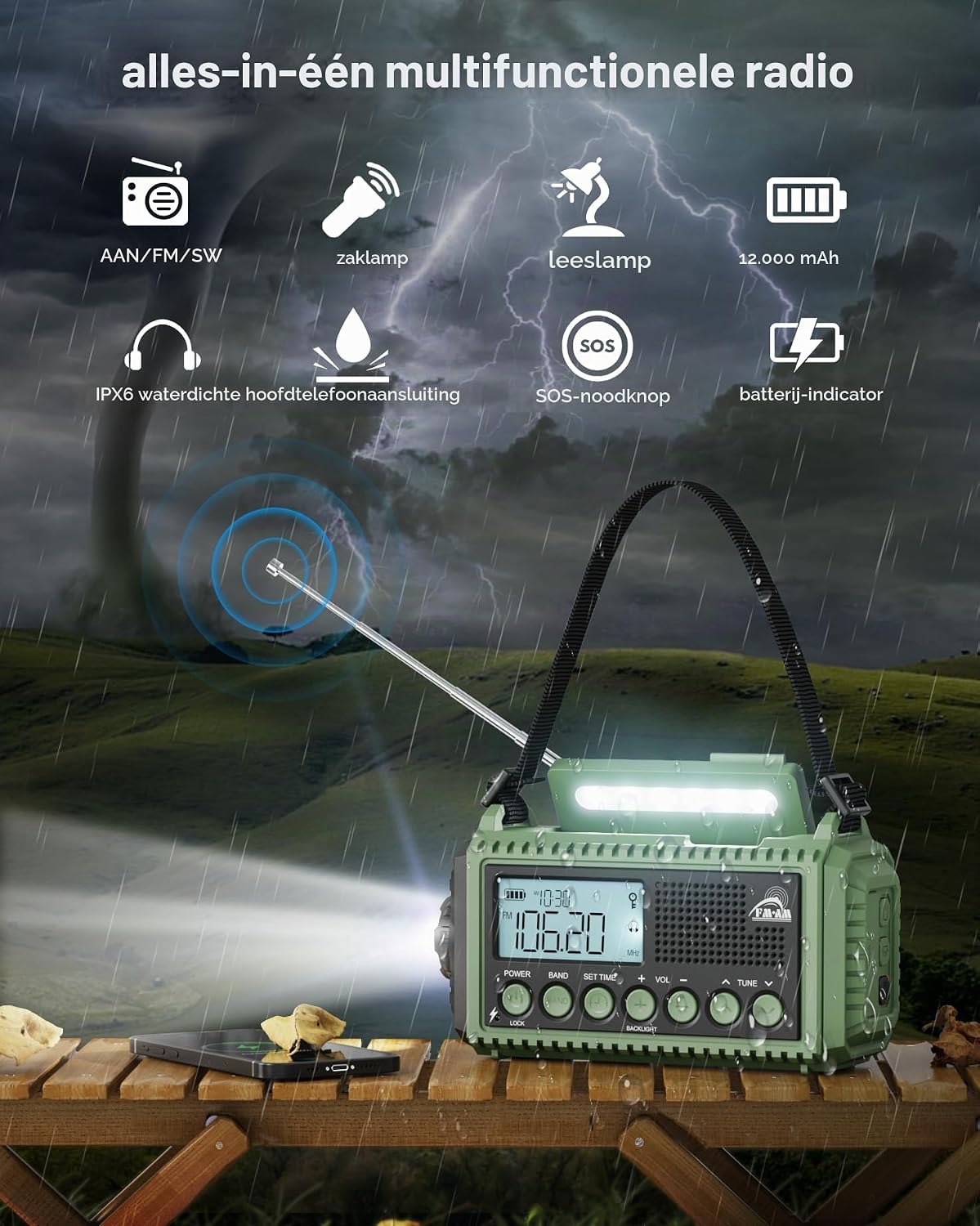 Detalle de Roxicosly CR1009Ultra noodradio met 12.000 mAh, zonnepaneel en handslinger