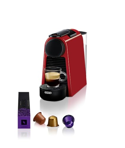 Detalle de Nespresso De'Longhi Essenza Mini EN85.R (EN85.R) roja: cafetera monodosis compacta de cápsulas Nespresso
