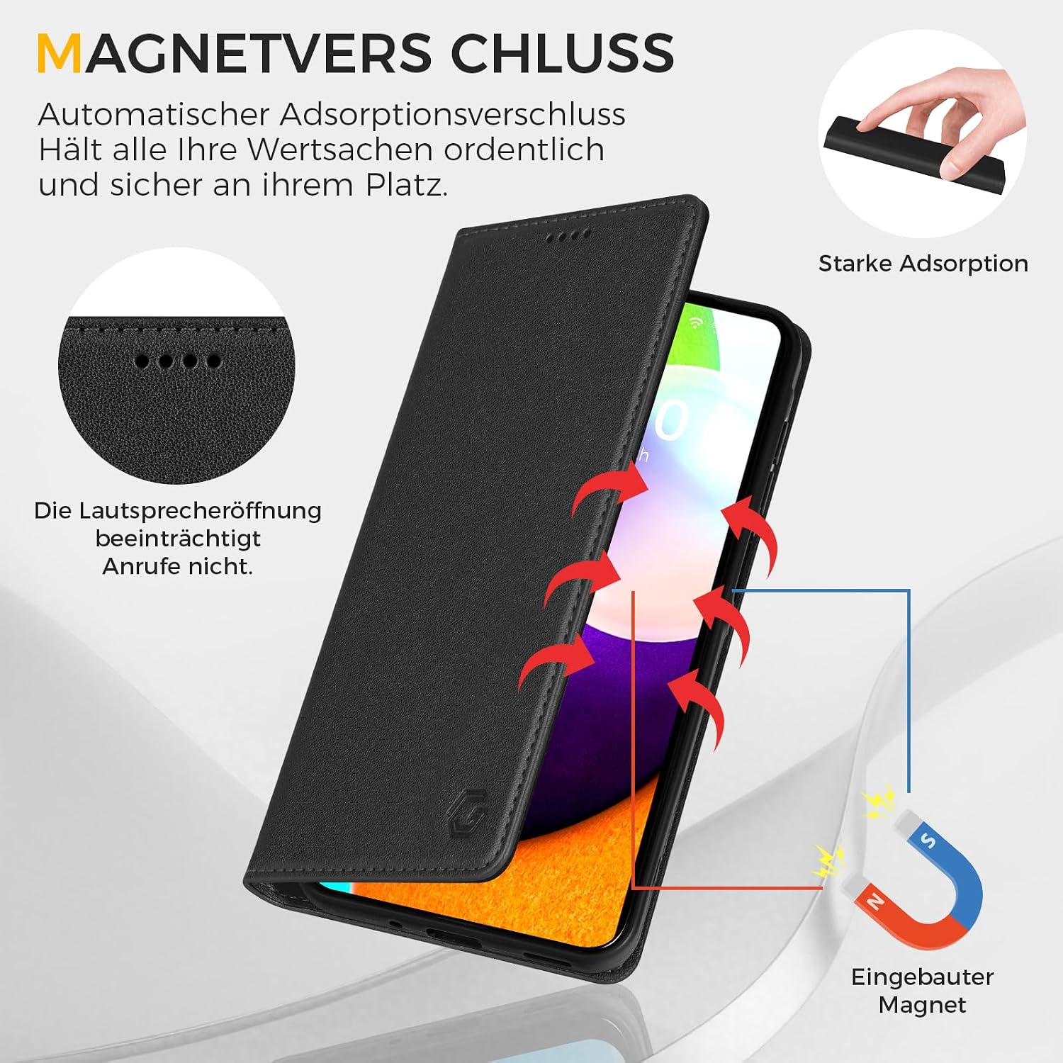 Detalle de Kirnntca Flip Case für Samsung Galaxy A52 5G/4G A52S 5G – PU-Leder Klapphülle mit Kartenfach & Standfunktion, Schwarz