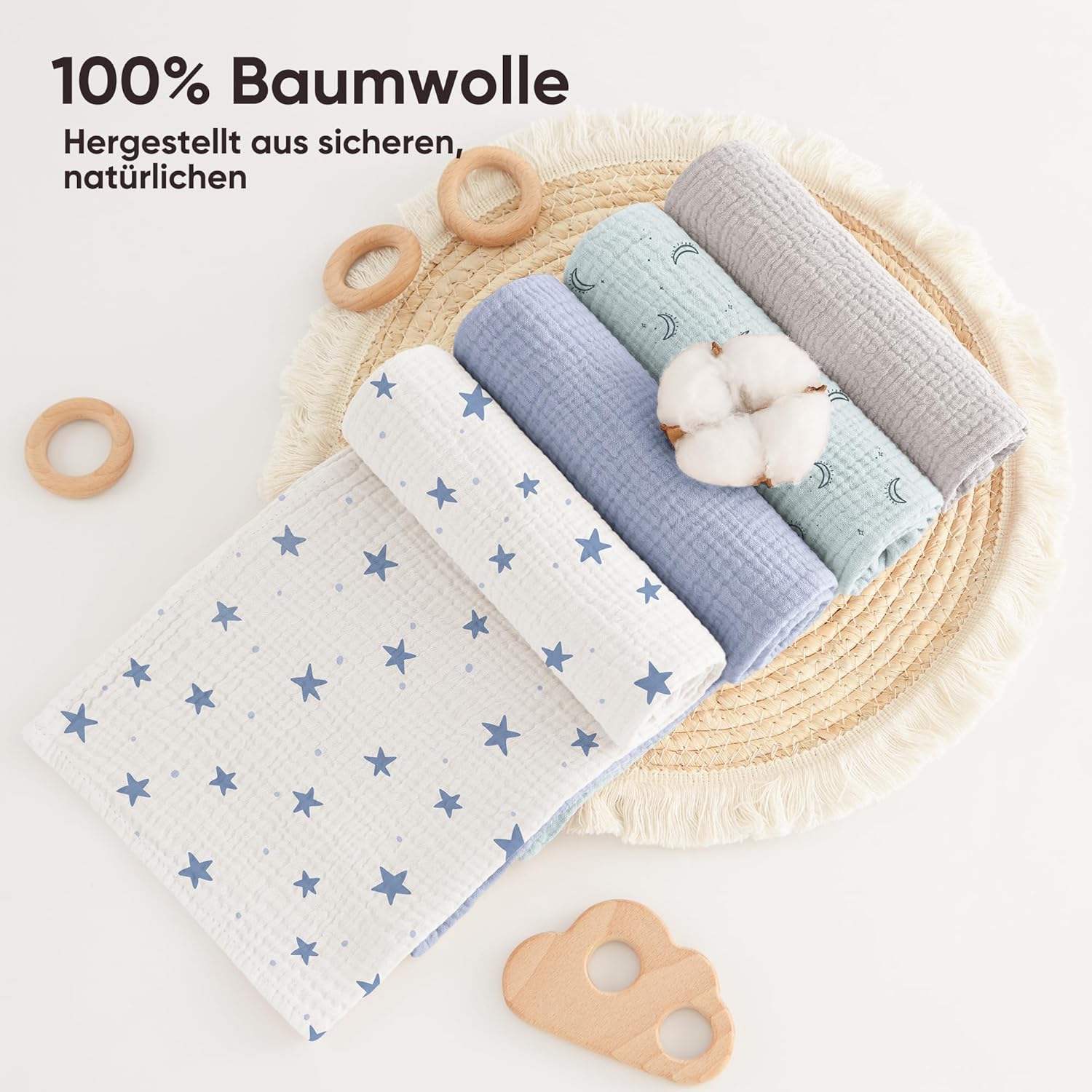 Thumbnail 3 de Bearmoss Moltontücher Baby 100% Baumwolle Musselin Set 4er 60x60 cm – Blaue Blüten