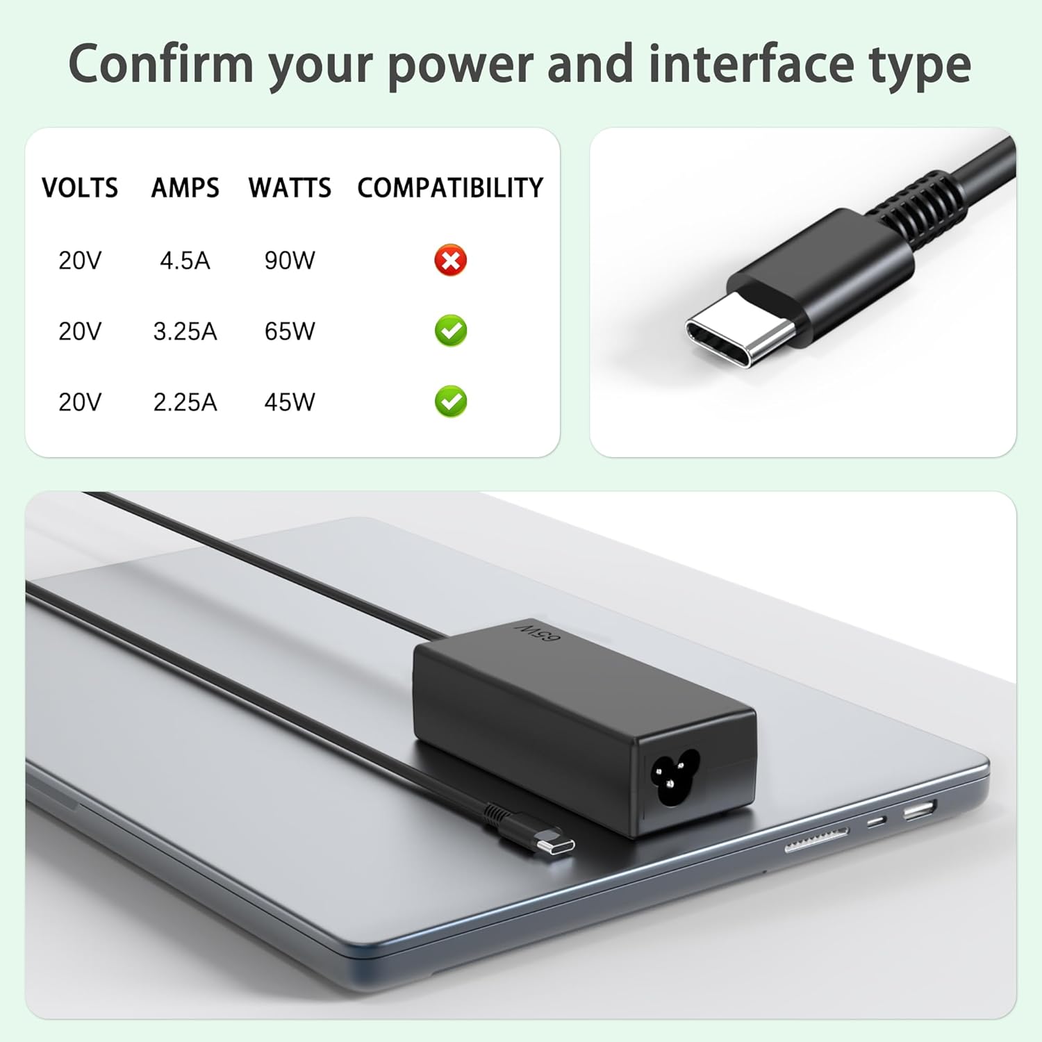 Thumbnail 1 de heesky 65W USB-C Chromebook Charger (Type C) for HP, Acer, ASUS, Dell, Lenovo, Samsung, and Google Laptops