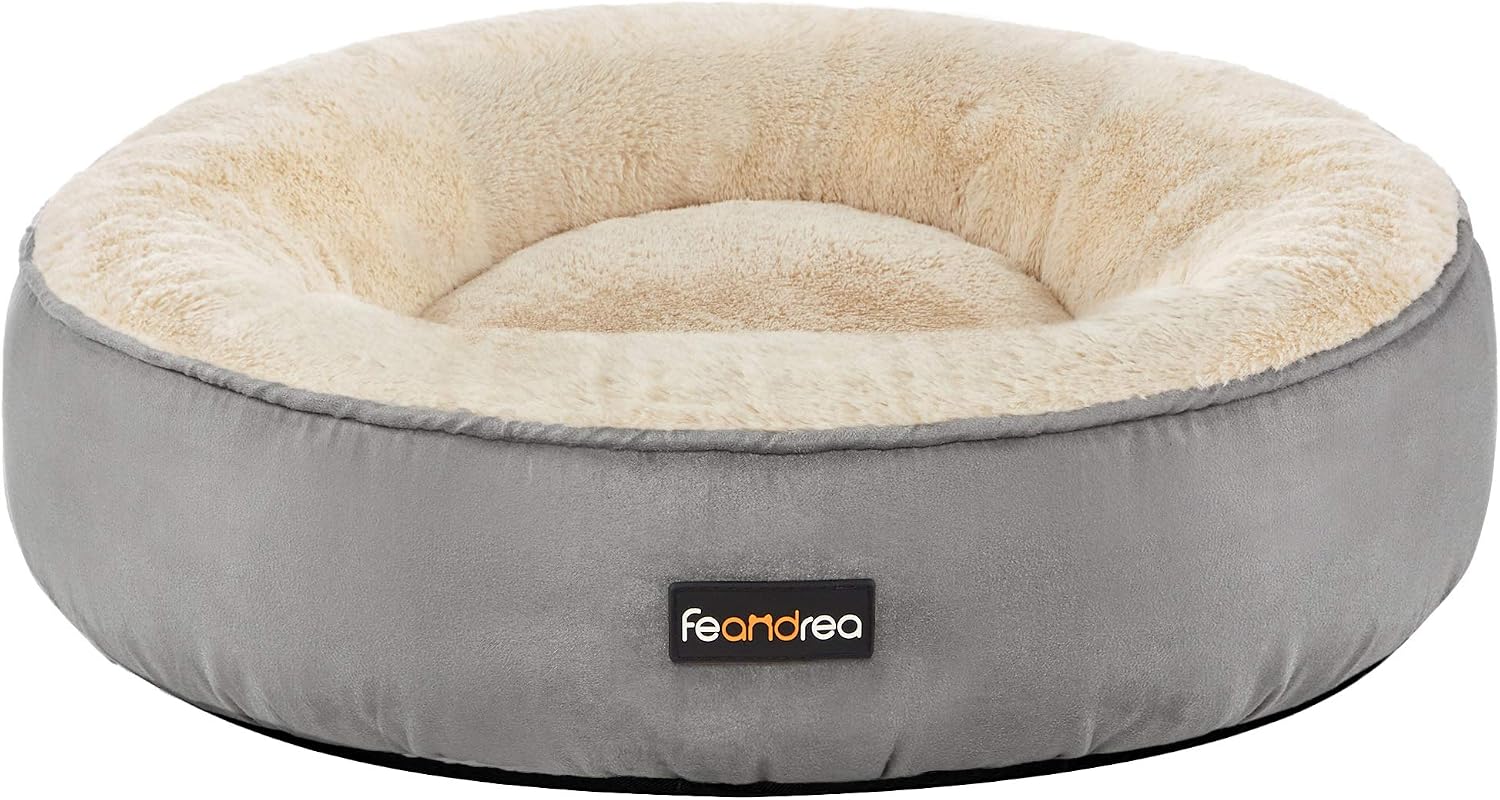 Detalle de FEANDREA Dog Bed, Doughnut Cat Bed, Round, 50 cm Dia., Light Grey