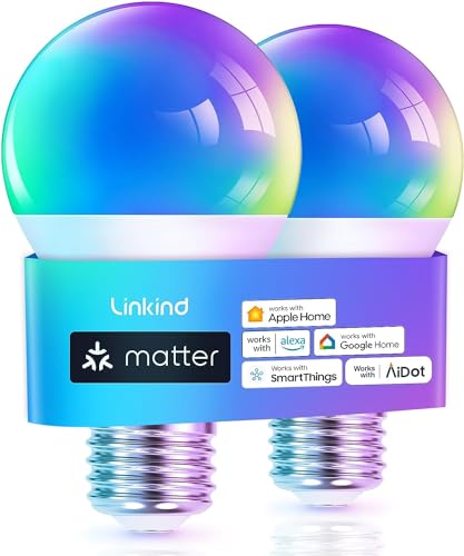 Detalle de Linkind Matter E27 Glühbirne (2er Pack) – RGBTW, 16 Mio. Farben, 2,4 GHz WLAN, Matter kompatibel per Hub, Alexa/Apple Home/Google Home