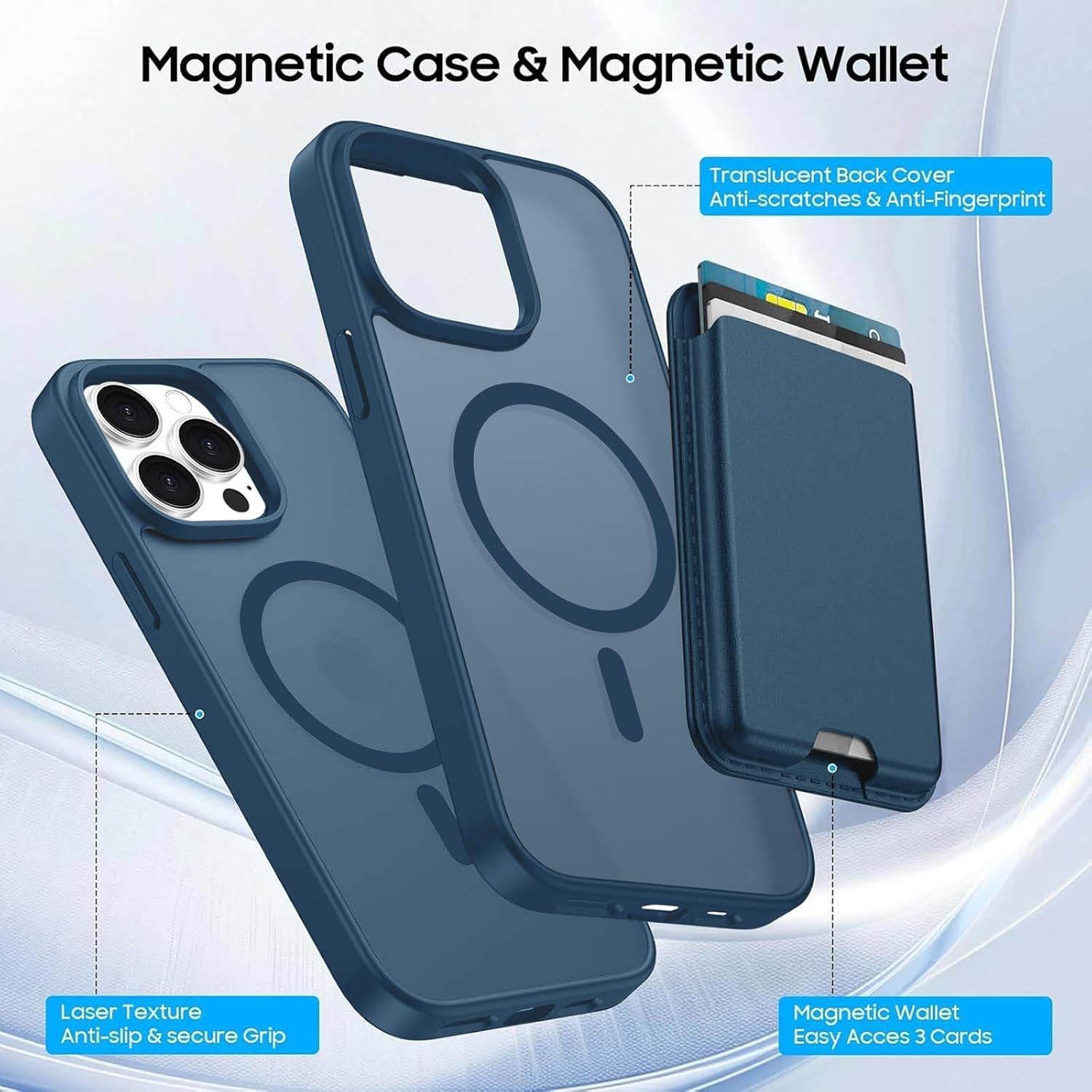 Detalle de Ntwinro iPhone 15 Pro Magnetic Wallet Case, Deep Blue, MagSafe, Detachable Holder