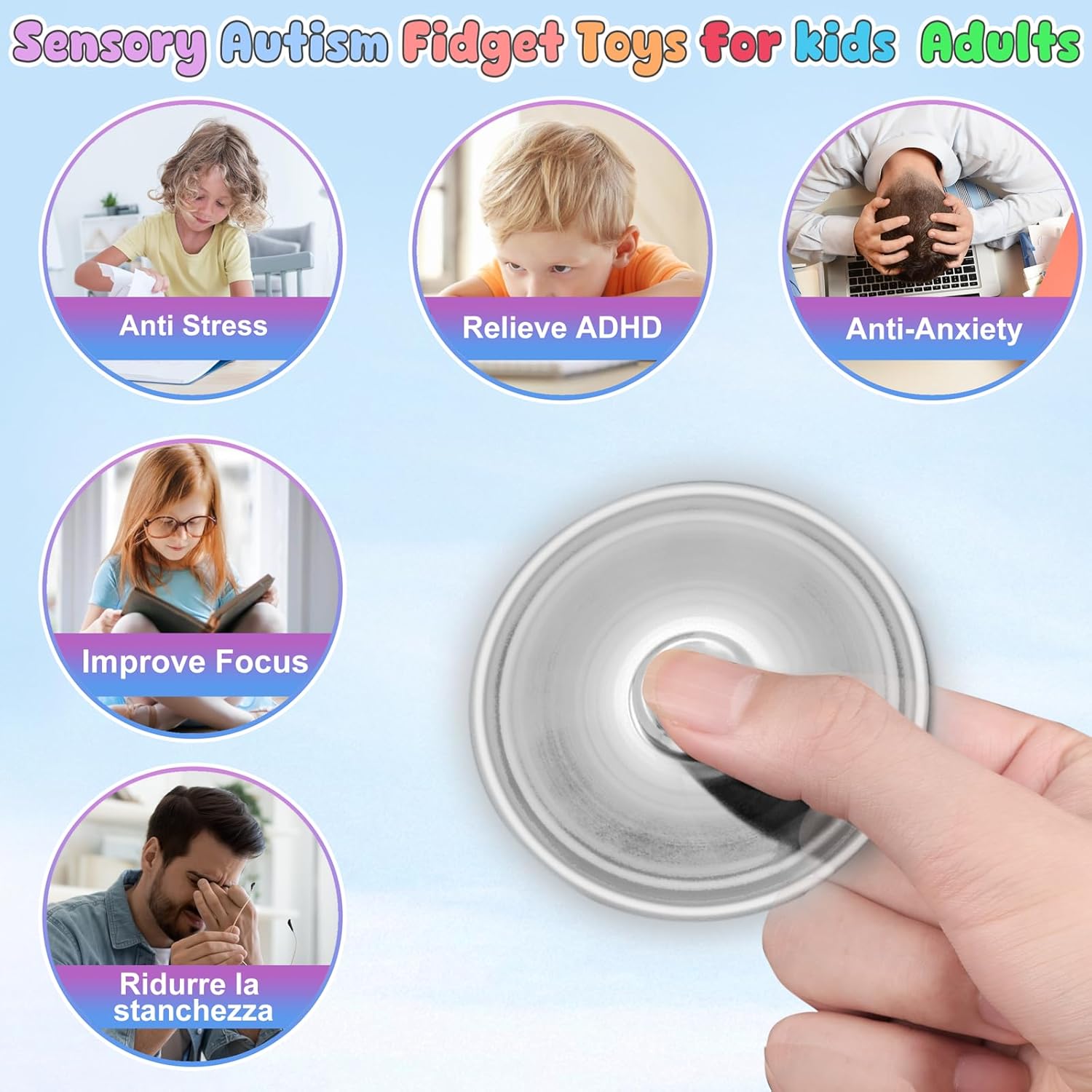 Detalle 1 de Coolden Metall Fidget Spinner (EDC Hand Spinner) – Silber, Edelstahl, Schleuderzeit 2–5 Minuten