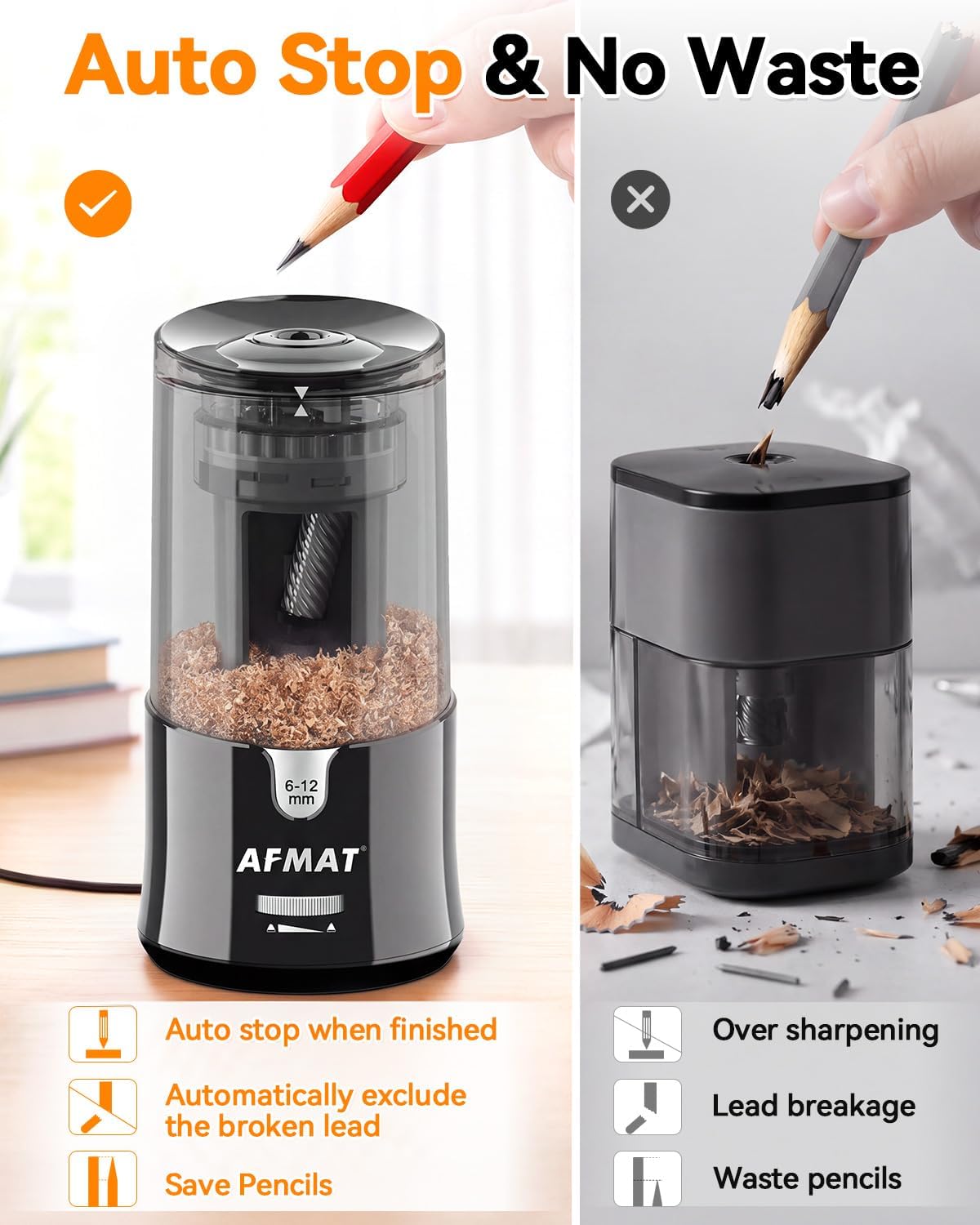 Detalle de AFMAT PS92 Electric Pencil Sharpener for 6–12 mm Pencils, Auto-Stop