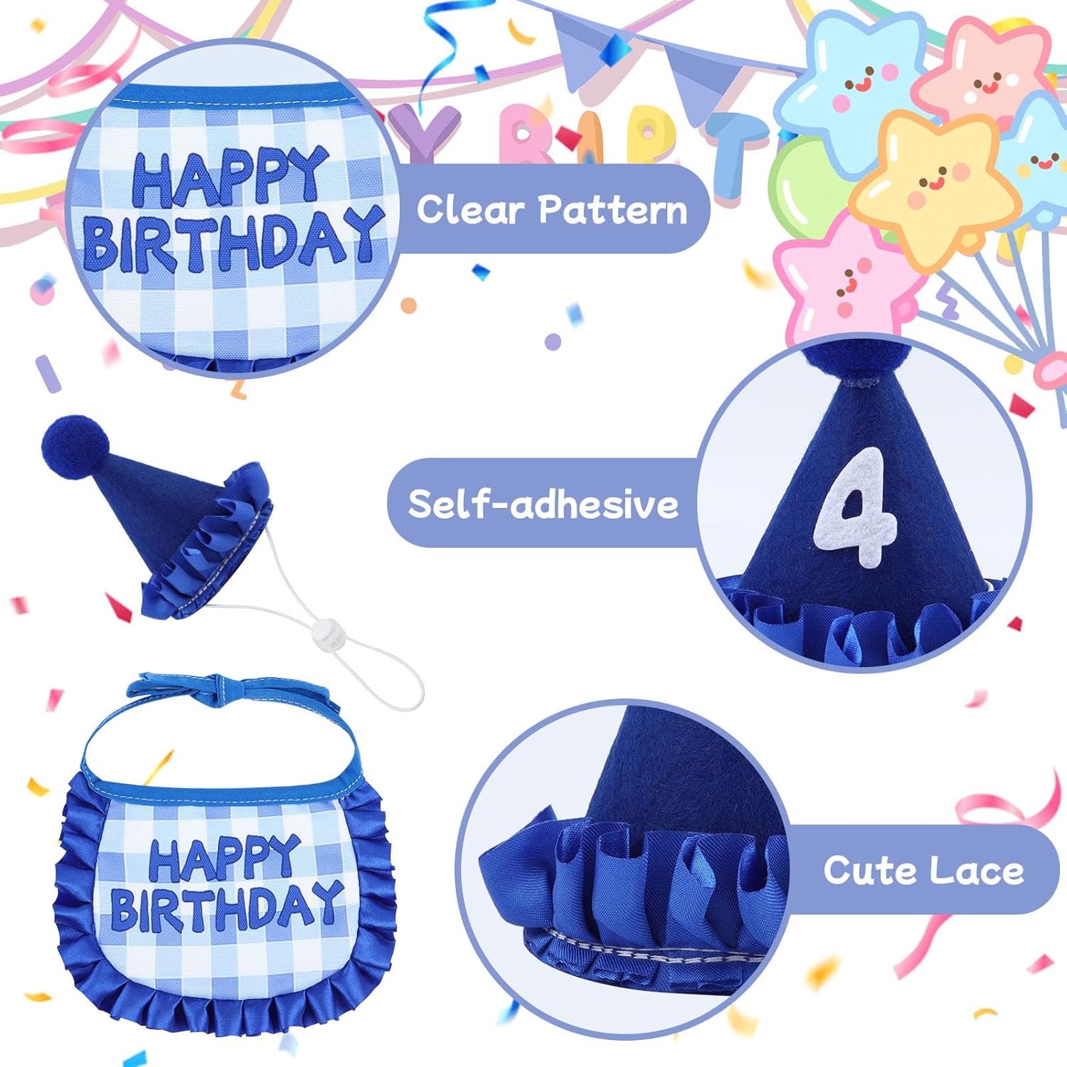 Thumbnail 2 de Katzen Geburtstag Outfit Set für Haustierparty: Bandana, Hut mit Zahlen 0–9, Plüsch-Torte & hängendes Katzenspielzeug (Blau)