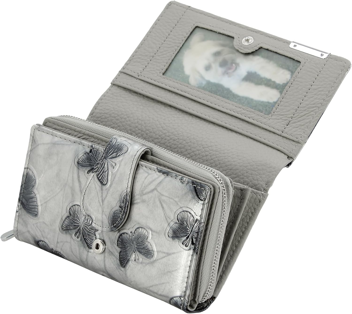 Detalle de Jennifer Jones Damen Leder Geldbörse Groß mit RFID-Schutz – Schmetterlings-Motiv, Silber