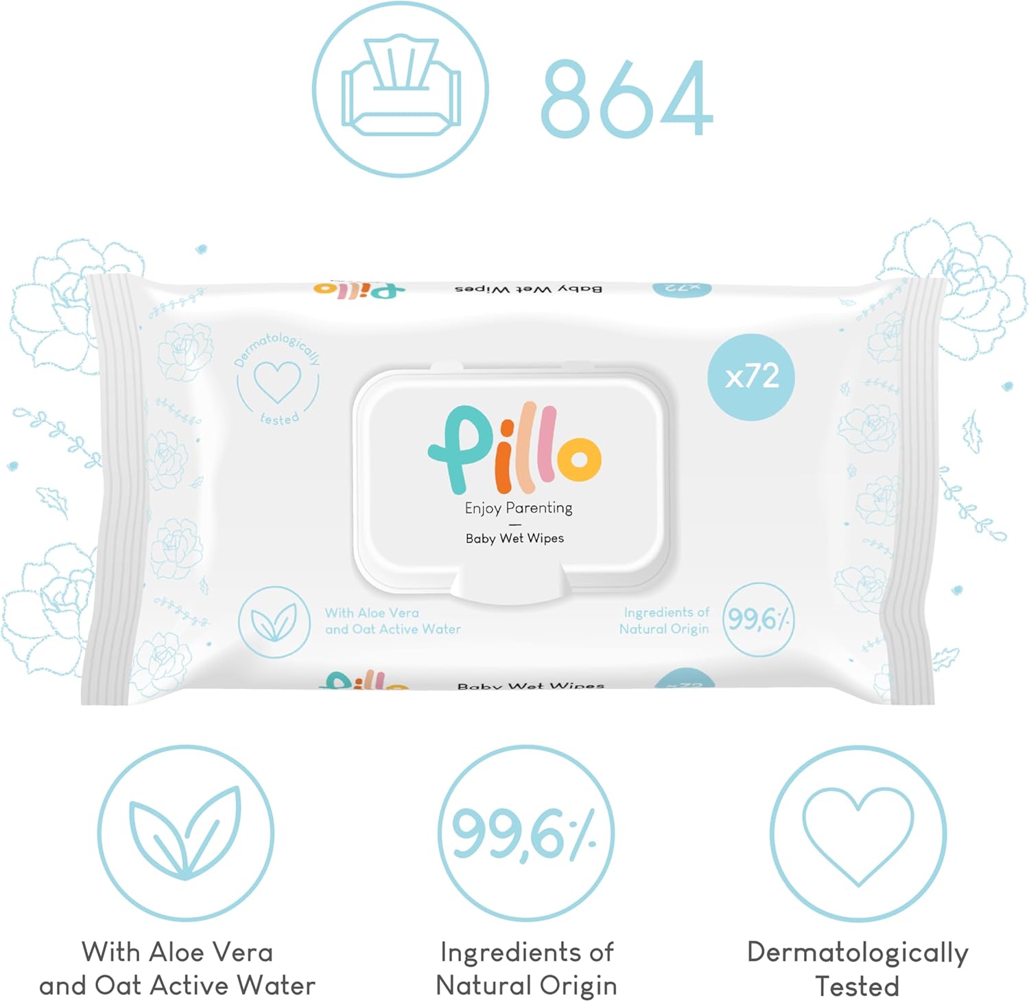 Thumbnail 1 de Pillo Salviette Neonato – 864 salviette umidificate da 12 confezioni, Aloe Vera e Acqua Attiva di Avena