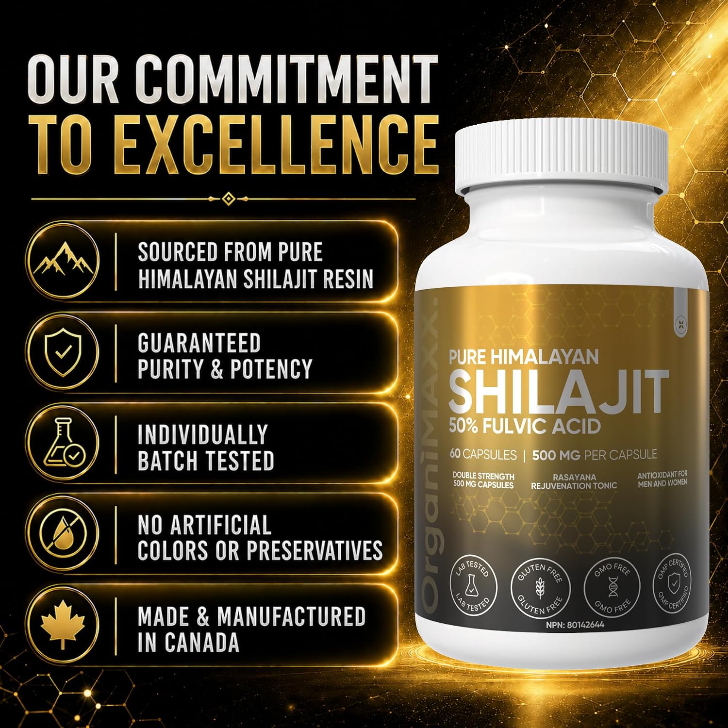 Detalle de OrganiMAXX. 500 mg Organic Himalayan Shilajit Capsules, 50% Fulvic Acid