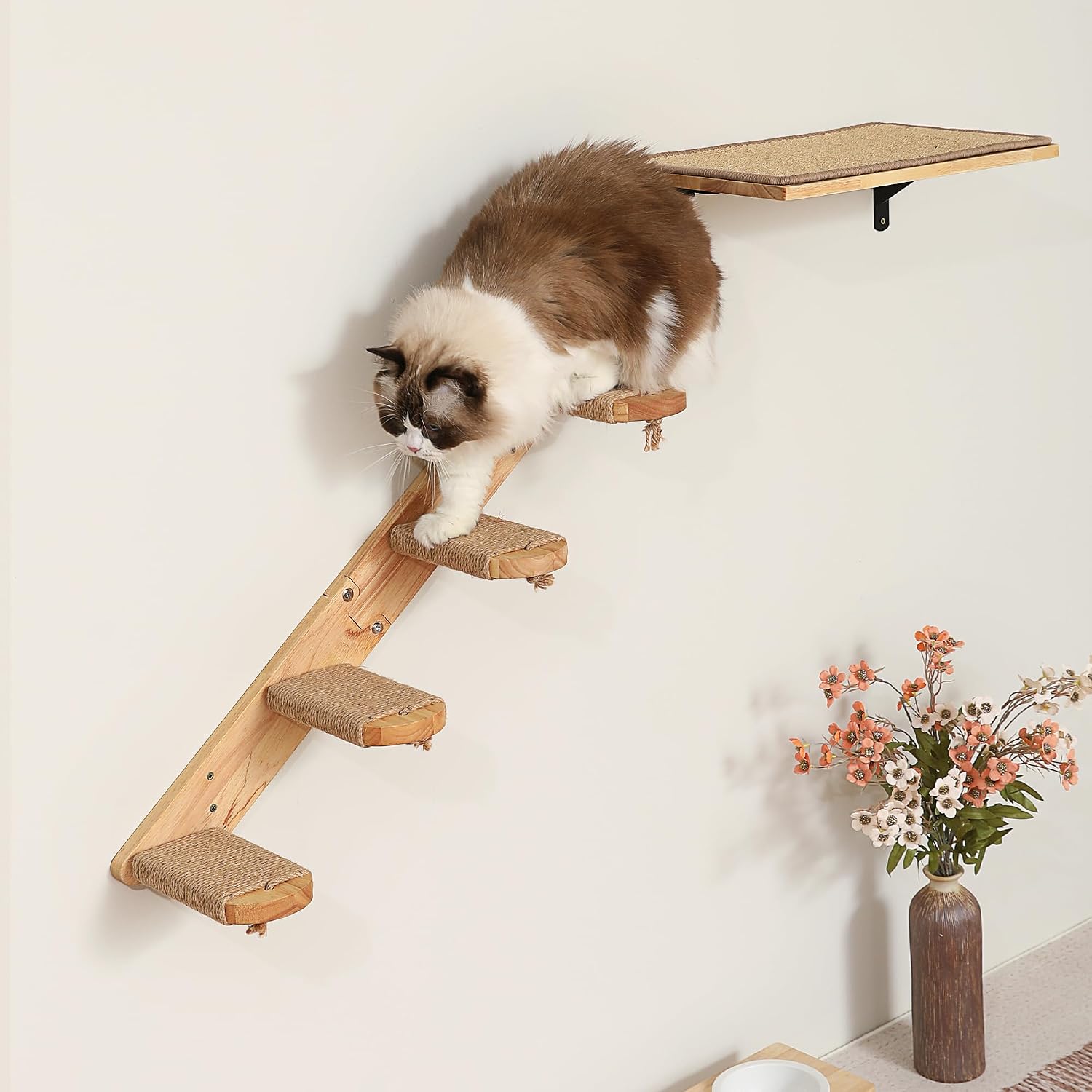 Detalle 2 de FUKUMARU Wandregal für Katzen – 4-stufige Wandkatzentreppe aus Massivholz mit Juteschnur (66 cm)