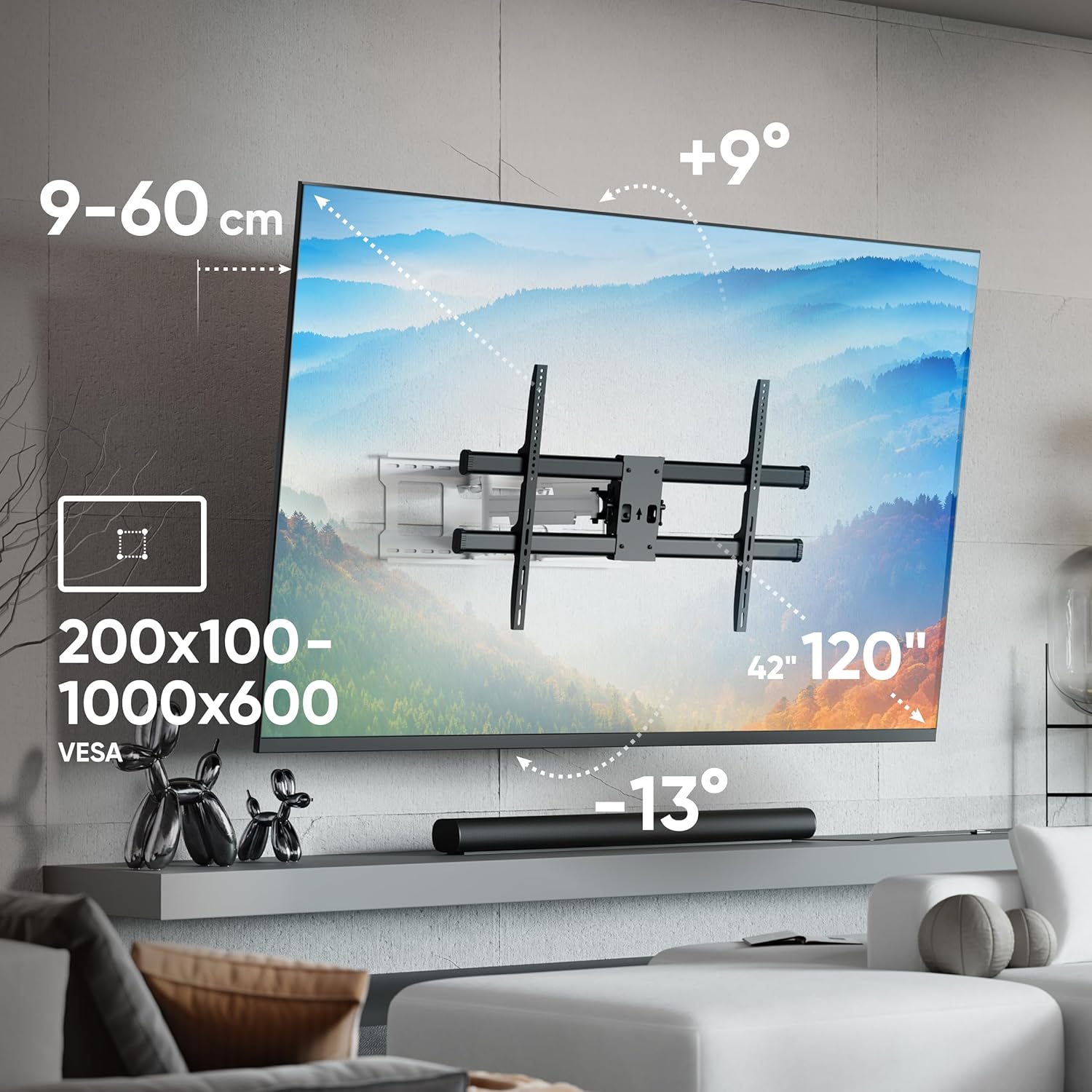 Thumbnail 1 de ONKRON Support TV mural M10-BW noir et blanc – 42 à 120 pouces, VESA 200x100 à 1000x600, inclinable et orientable jusqu’à 100 kg
