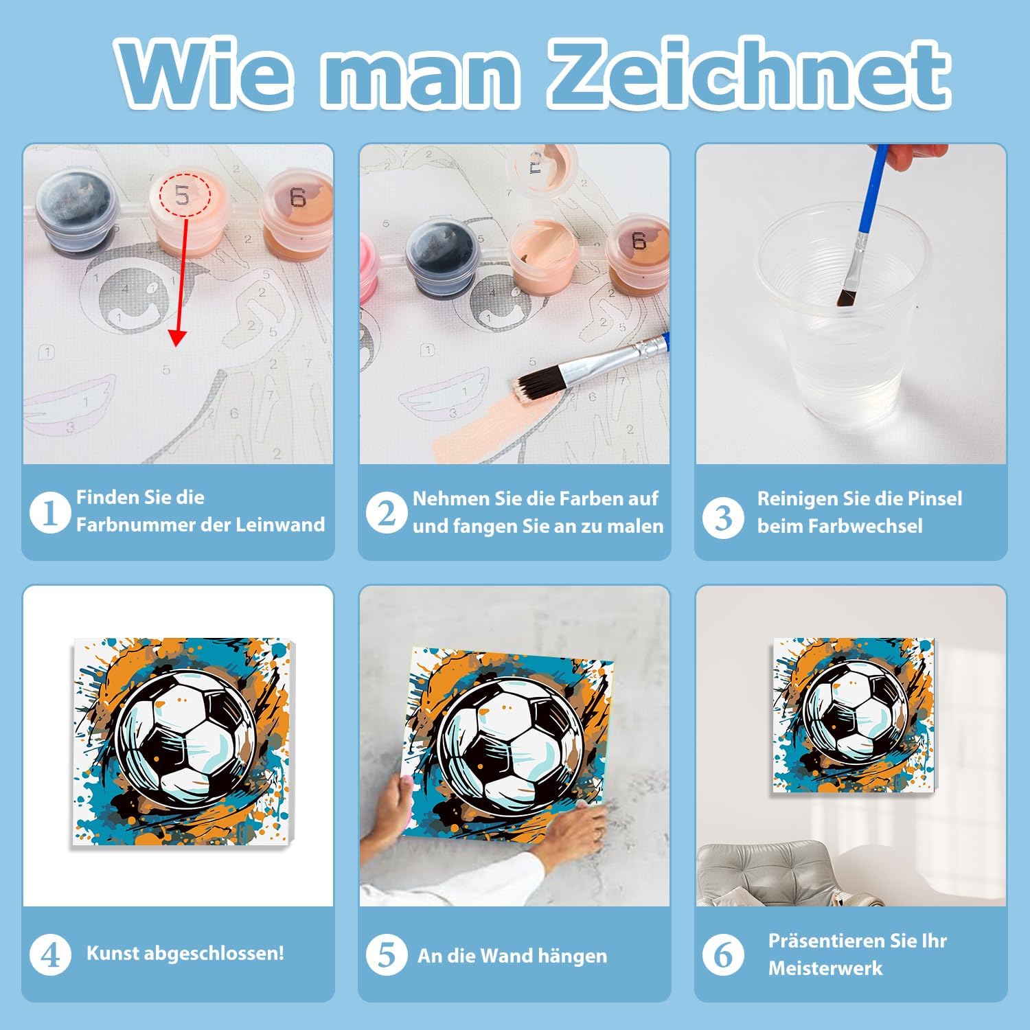 Thumbnail 6 de Daisen Art Fußball Malen nach Zahlen mit Rahmen – 20x20 cm, inkl. Geschenkbox, Leinwand, Farben und Pinsel