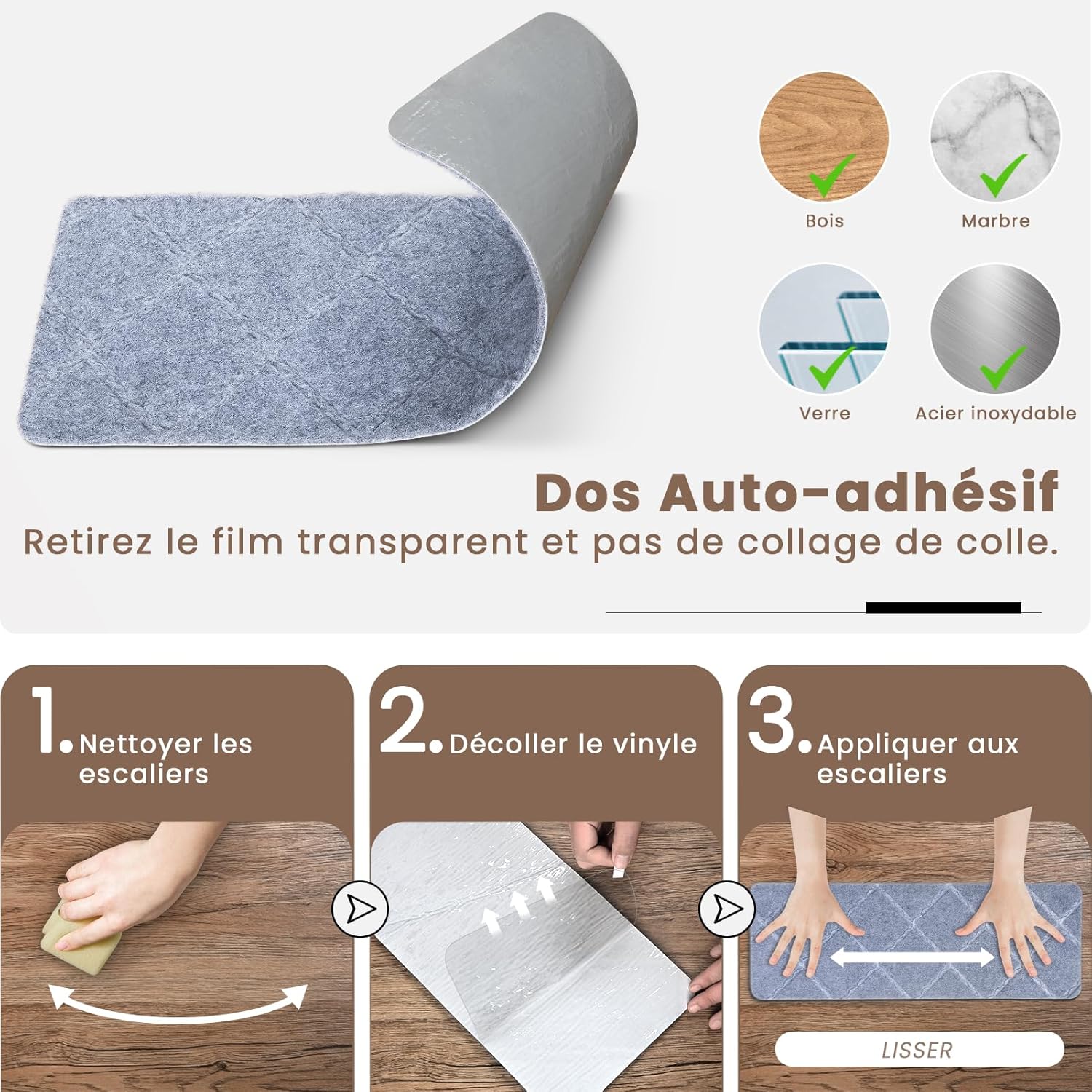 Thumbnail 4 de Homwiz tapis d’escalier antidérapant 65x20 cm