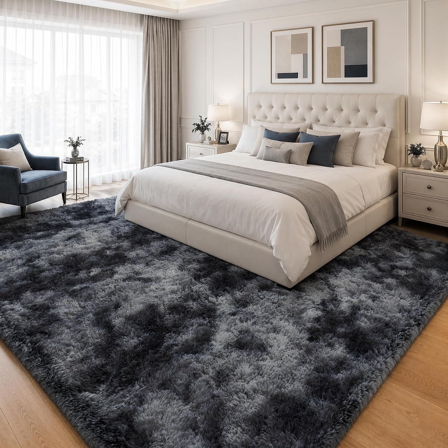 Thumbnail 2 de PLHXFR Area Rug, 10' x 12' High-Pile Polyester Shag, Black and Gray