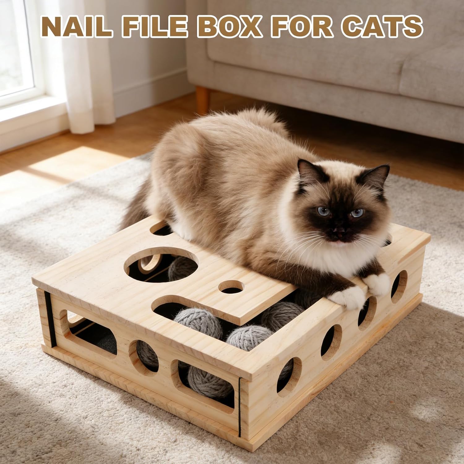Detalle de Cat Scratch Puzzle Enrichment Box: Interactive Wooden Maze for Indoor Cats (30×25×8cm)