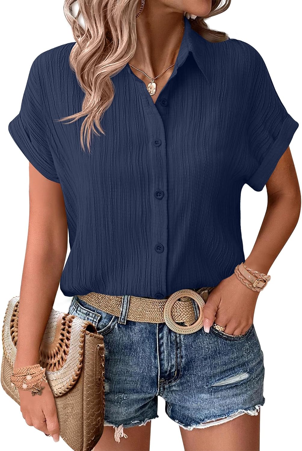Thumbnail 6 de Zeagoo chemise boutonnée femme à manches courtes et col en V, coupe ample