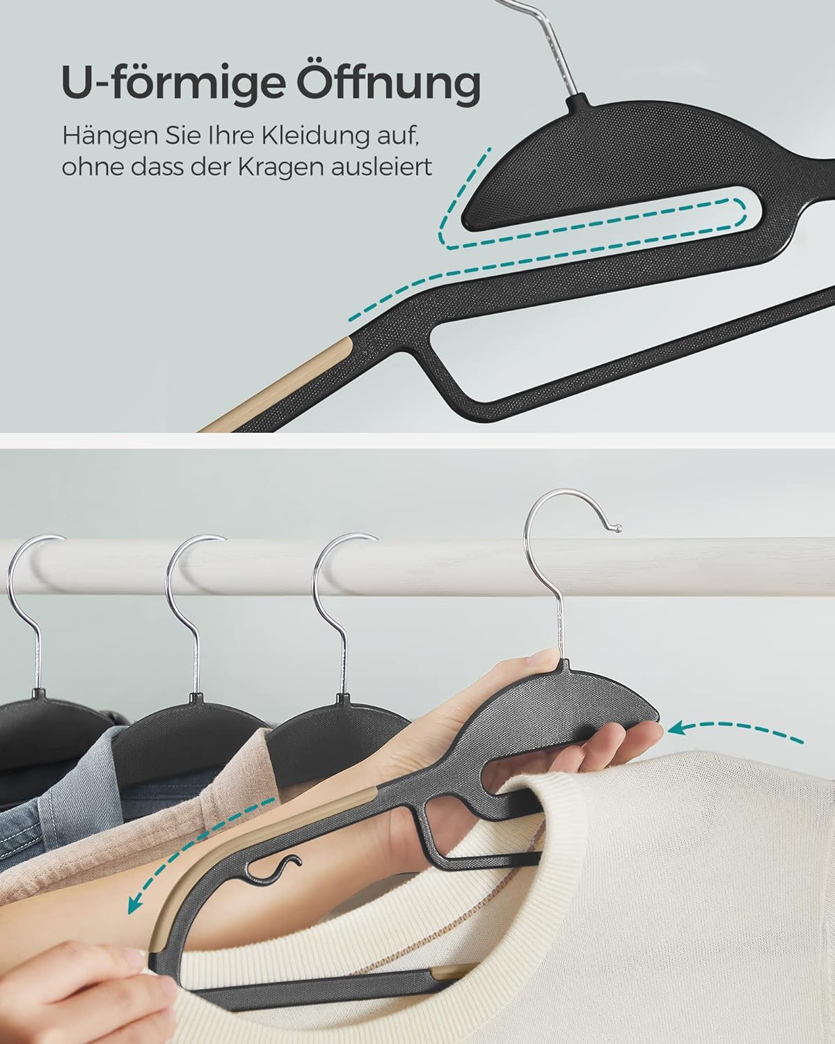 Thumbnail 3 de SONGMICS Kleiderbügel aus Kunststoff (20er-Set) mit U-förmiger Öffnung, 360° drehbarer Haken, 0,5 cm dünn – schwarz-braun CRP041B02