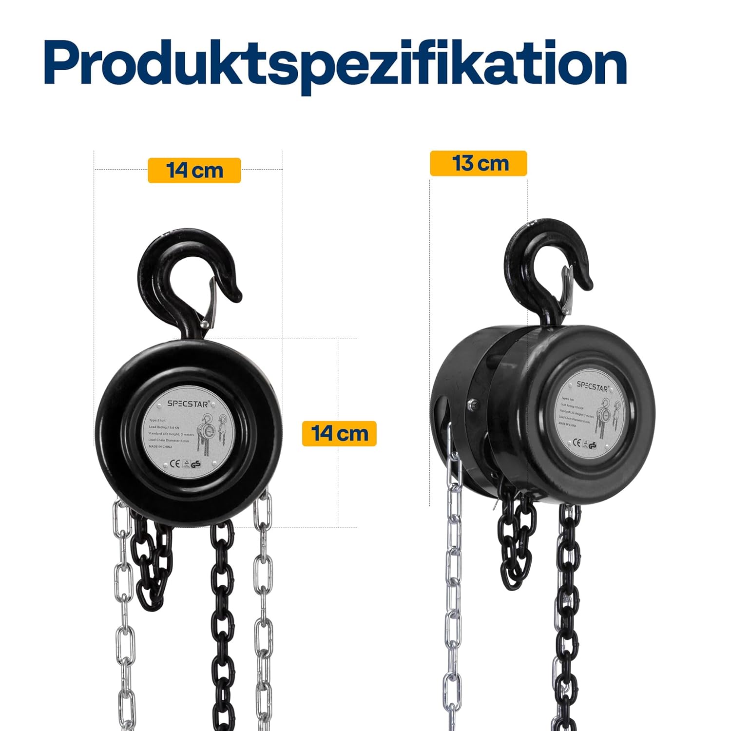 Thumbnail 6 de SPECSTAR Handkettenzug 2000 kg – 3 m Hubhöhe, 2 Schwerlasthaken, manueller Kettenzug