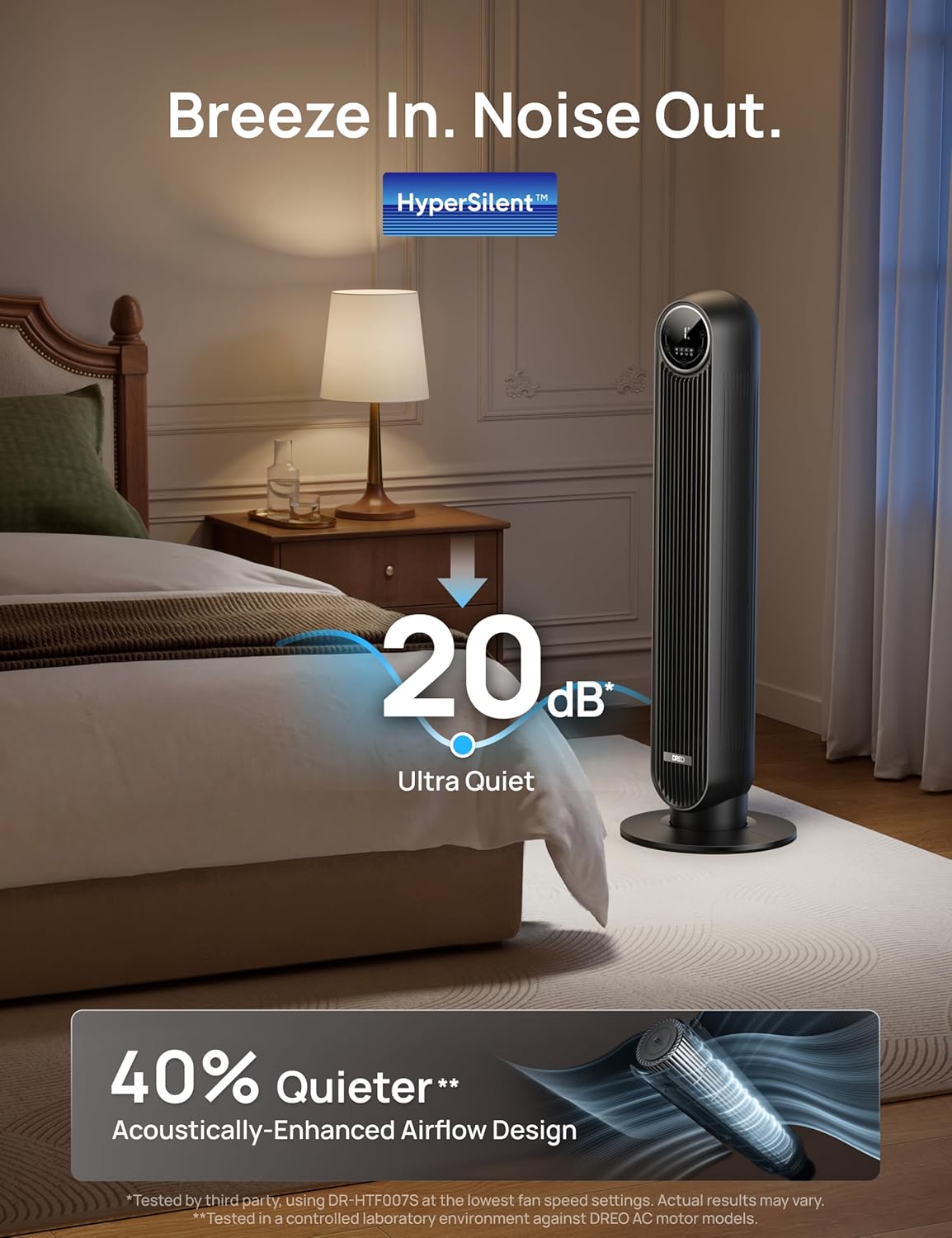 Detalle de DREO 20dB Smart Silent Tower Fan with Remote and App Control