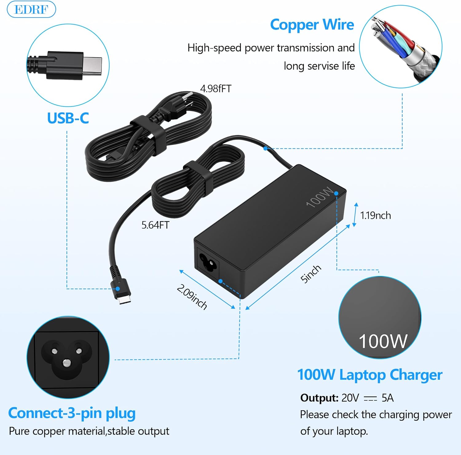 Detalle de 100W USB-C Laptop Charger for Lenovo ThinkBook/ThinkPad/IdeaPad/Yoga — Fast 100W Power for Travel
