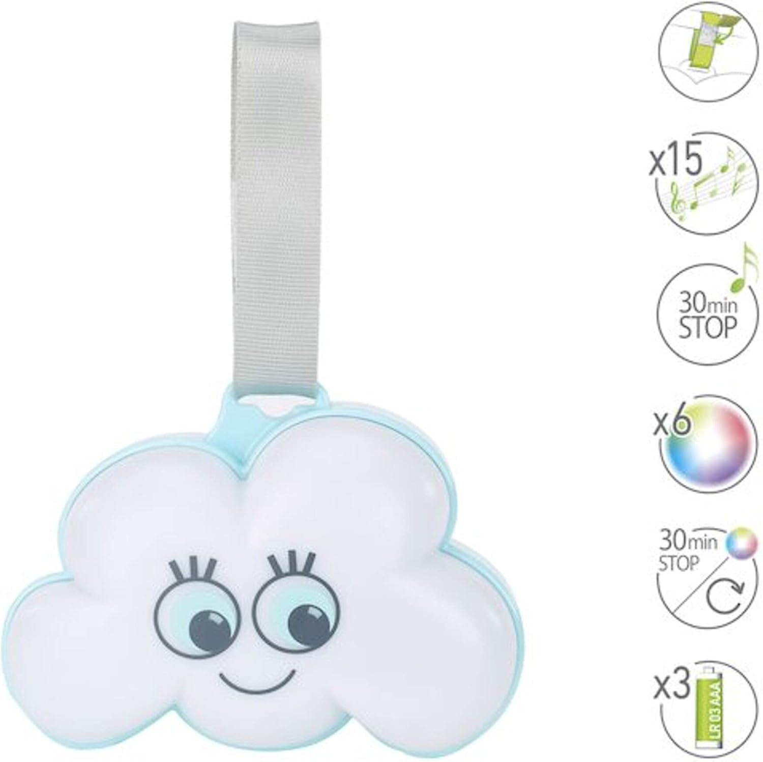 Detalle 2 de Badabulle Veilleuse Bébé Musicale & Lumineuse Nuage Ultra Nomade — Lumière douce, 15 berceuses et arrêt automatique
