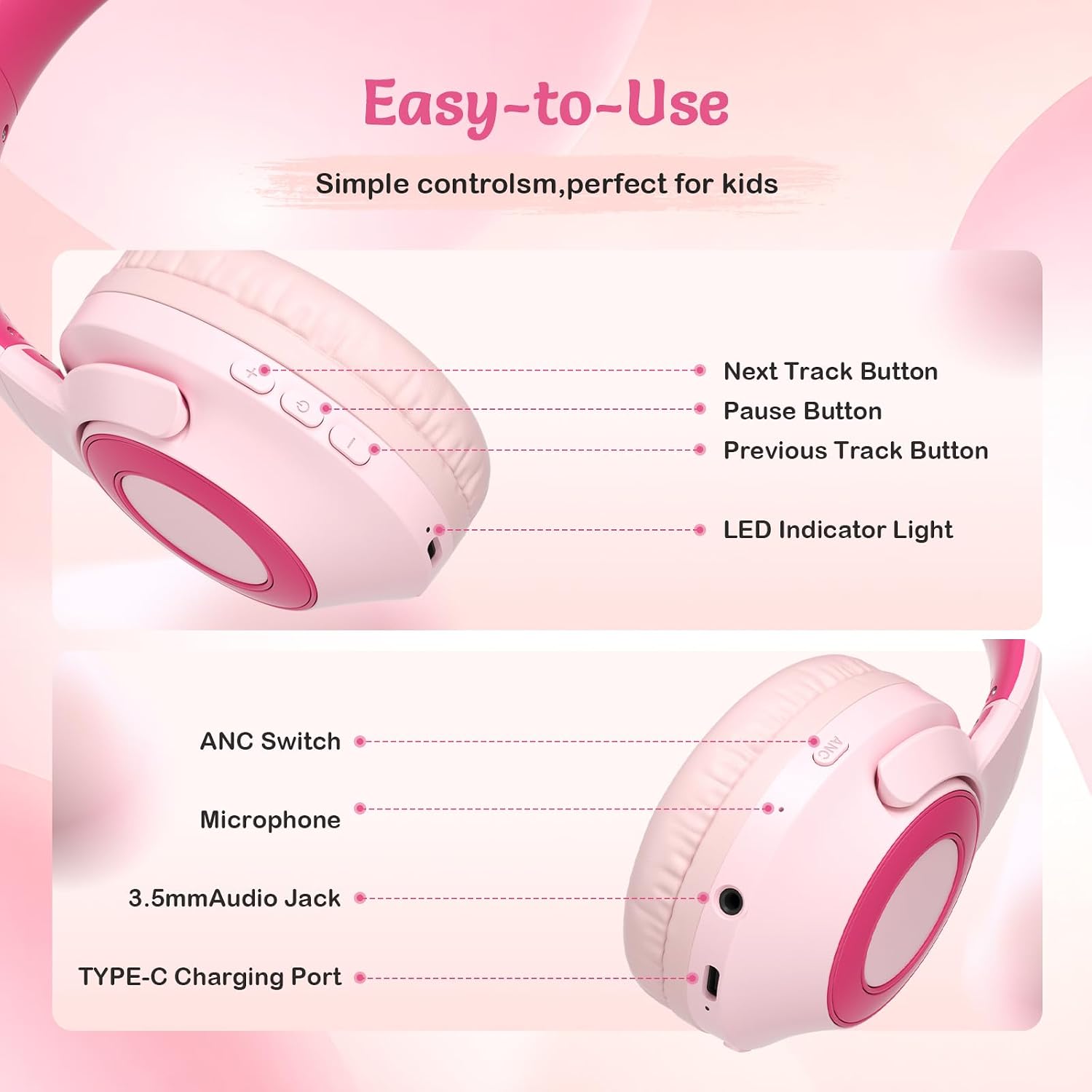 Thumbnail 6 de TONOSHARK Kids Wireless Headphones with ANC – Lightweight, Foldable & Long-Lasting (Pink)