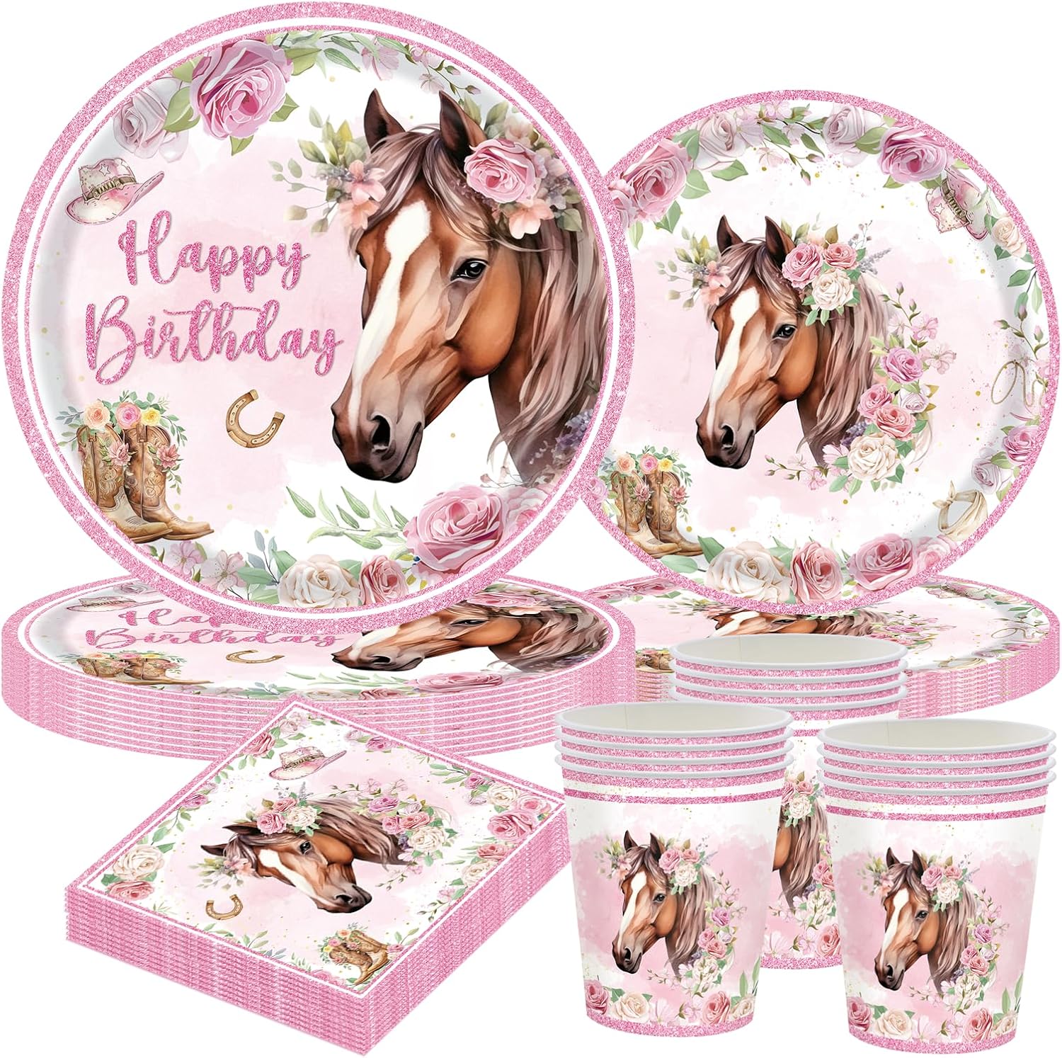 Detalle de Pferd Partygeschirr Set für 10 Gäste – Pferde-Geburtstag Deko mit Papptellern, Tassen & Servietten