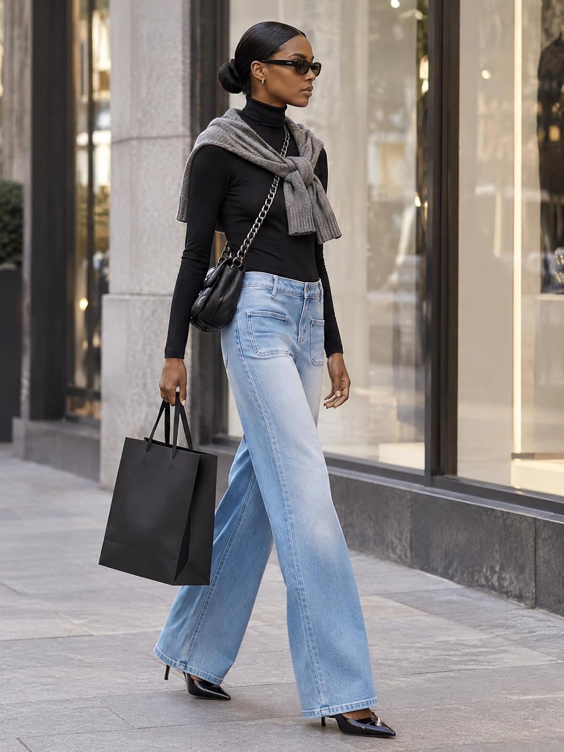 Detalle 2 de ONESO Wide-Leg Jeans for Women, Mid-Low Rise Stretch Denim with Front Patch Pockets