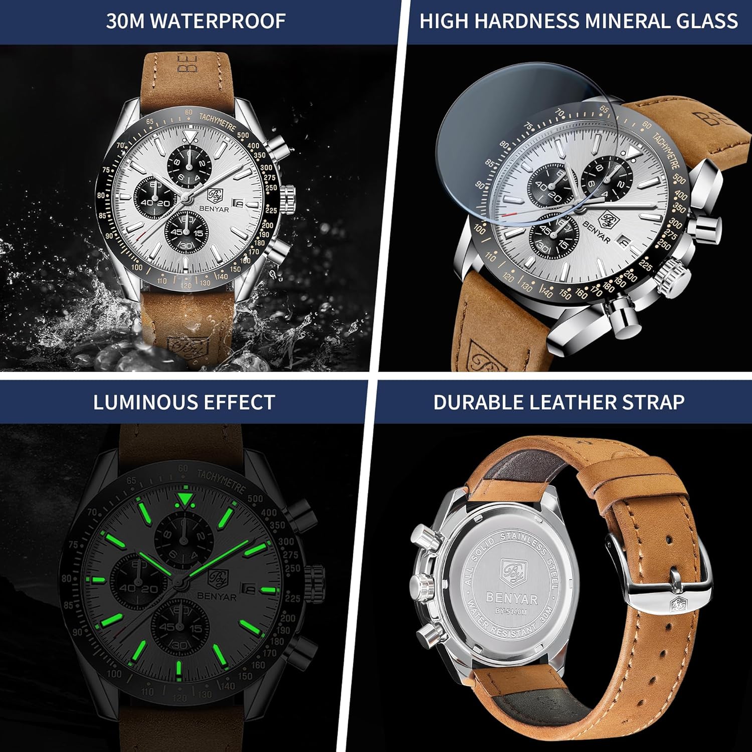 Detalle de BENYAR Herrenuhr Analog Quartz Chronograph – 45 mm, Lederband, 30M Wasserdicht
