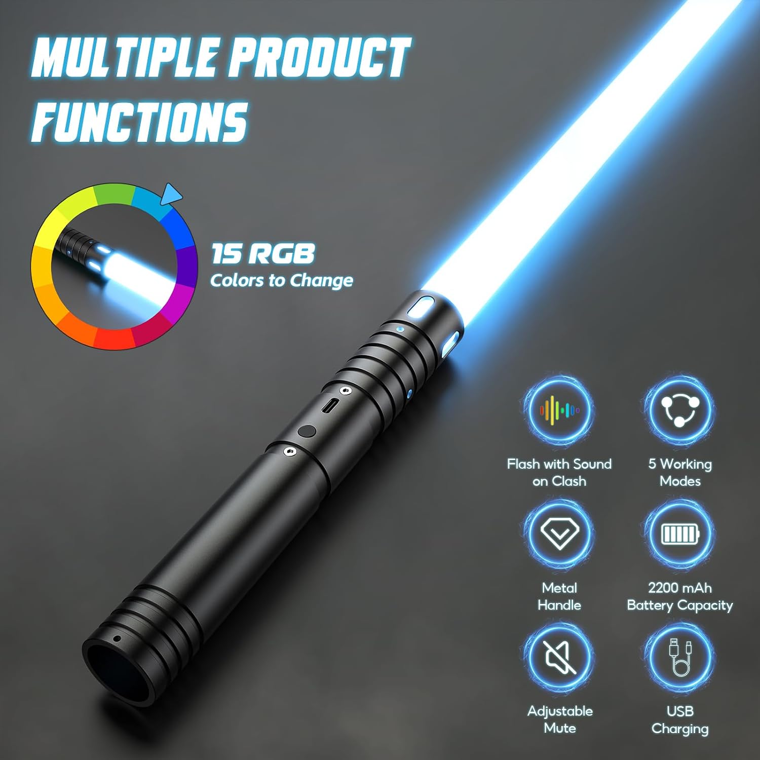 Thumbnail 2 de Ljussabel 60 cm med 15 RGB-färger, ljudeffekter och metallhandtag