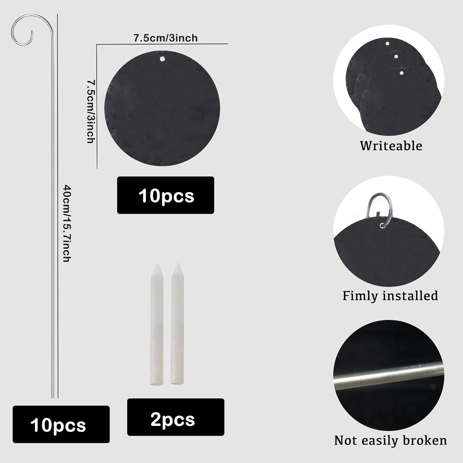 Thumbnail 1 de HIUOUIH Étiquettes de Jardin en Ardoise Naturelle – Lot de 10, Rondes 7,5 cm, avec tiges en inox et craies