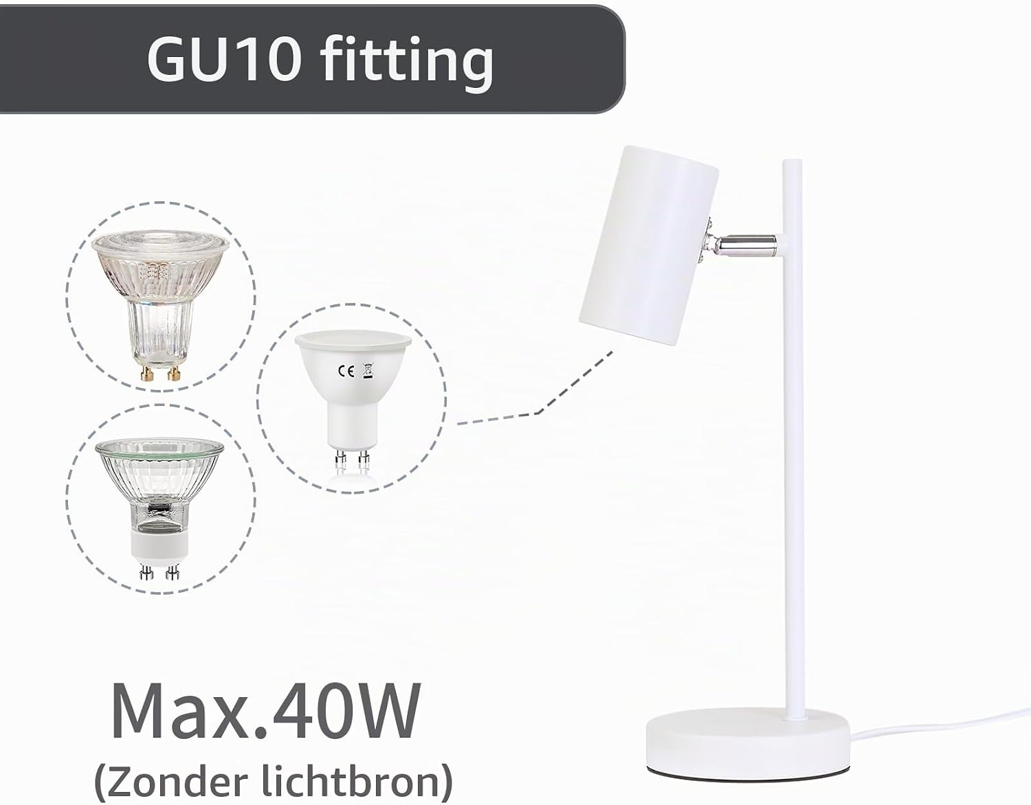 Detalle de CBJKTX witte GU10-tafellamp, 350° draaibaar en 90° kantelbaar