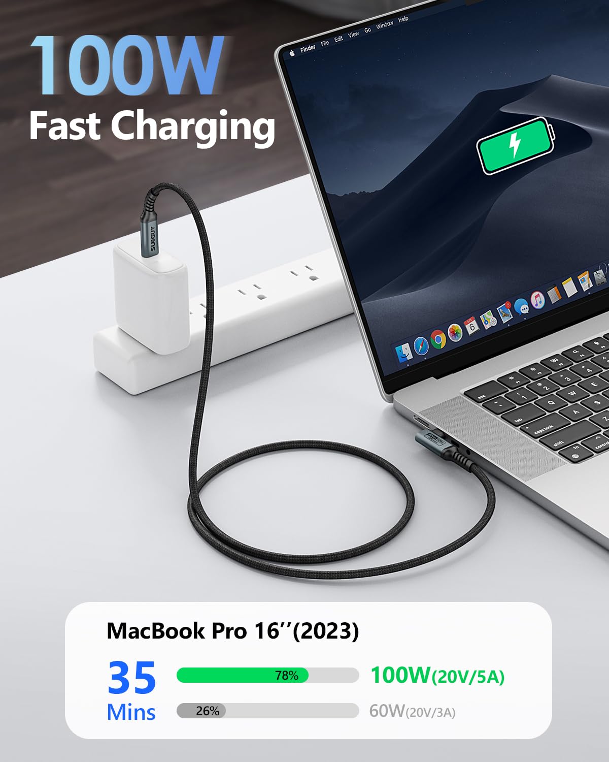Detalle 2 de Câble USB‑C vers USB‑C SUNGUY 3 m (100 W, 20 Gbps, 4K@60 Hz, angle 90°)