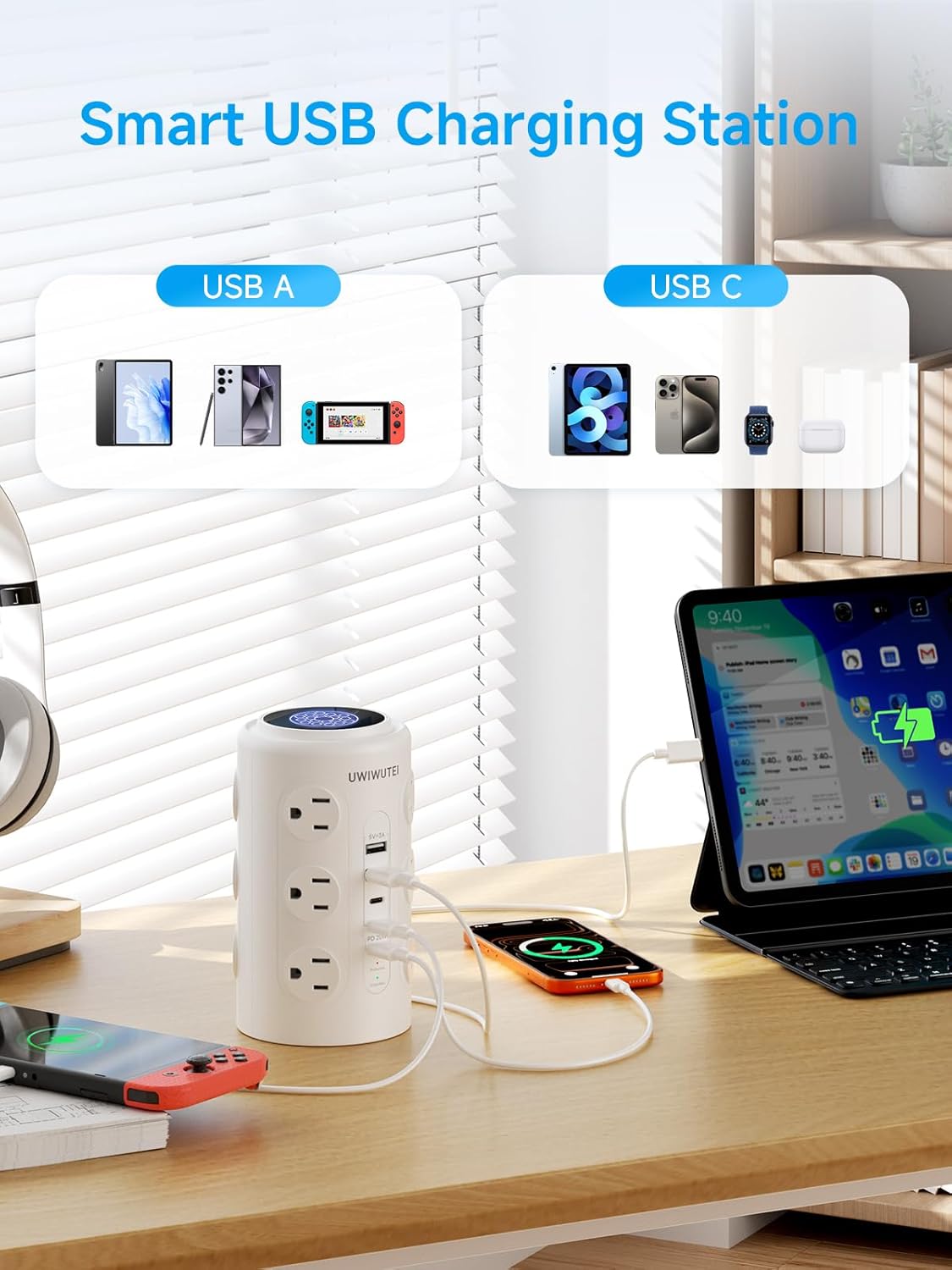 Thumbnail 4 de Tower Power Strip with 20W Dedicated USB-C PD Port, 12 AC Outlets and 5 USB Ports (3 USB-C) — Desk Charging Station