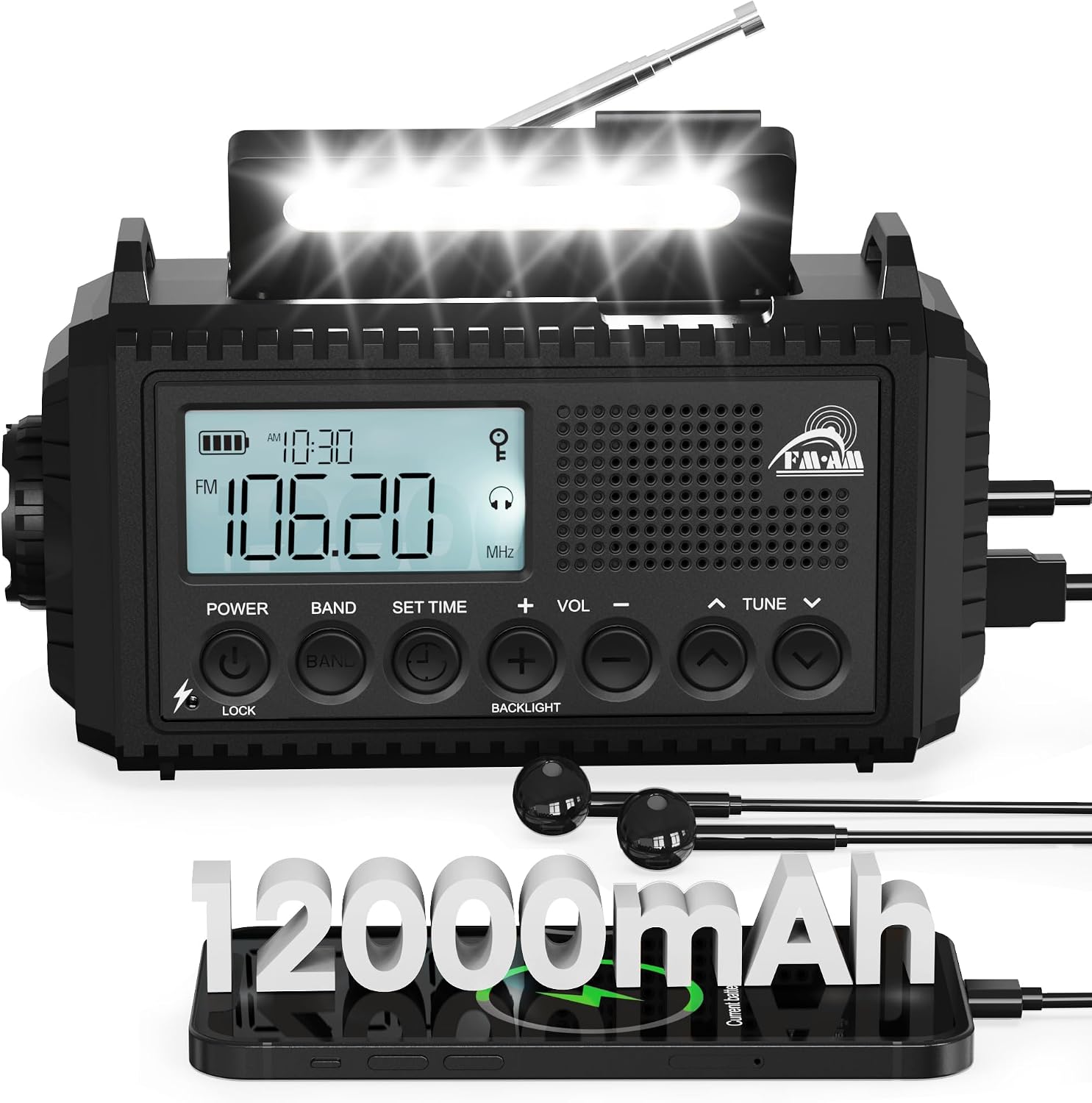Detalle de Roxicosly CR1009Ultra-Schwarz noodradio met 12.000 mAh, zonnepaneel en handslinger