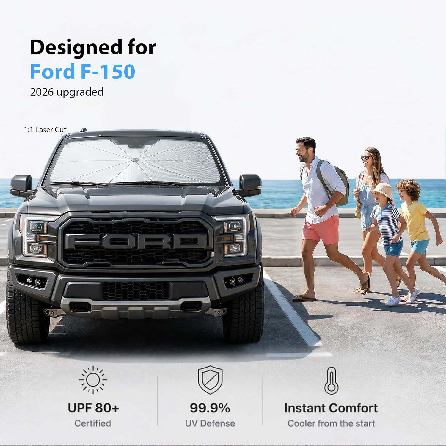 Thumbnail 1 de Adefor Windshield Sun Shade Umbrella for Ford F-Series (2015-2025) — 10-Rib Anti-Sagging, Full UV Block