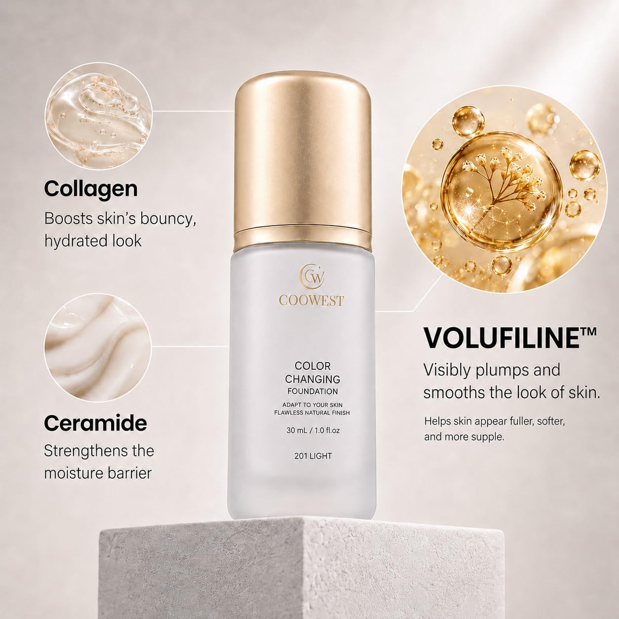 Detalle 2 de COOWEST Color Changing Foundation for Mature Skin, Light, 30ml Shade-Adapting Tint