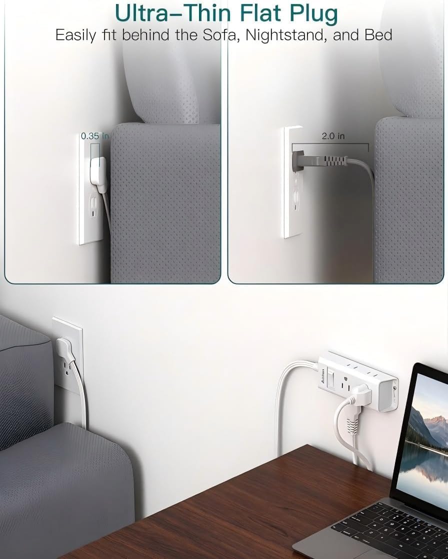 Detalle de Addtam AD308 Flat Plug Power Strip, 6 Outlets, 1 ft Cord