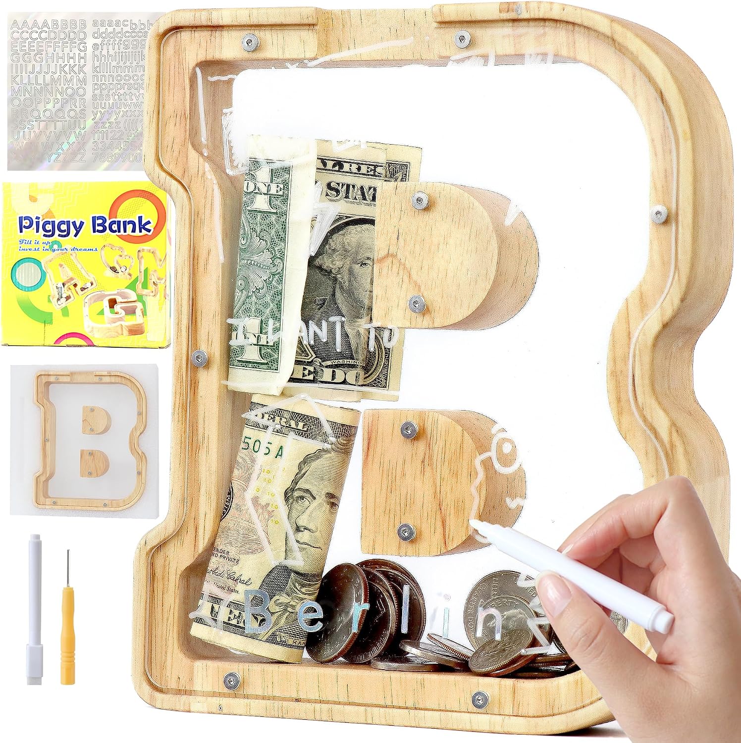 Thumbnail 6 de Mikytoper Letter Money Box for Kids: Wooden Personalized A-Z Piggy Bank
