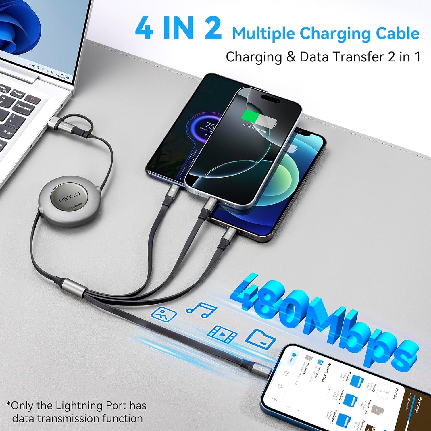 Thumbnail 1 de Minlu 6-in-1 Retractable USB Cable 1.2m