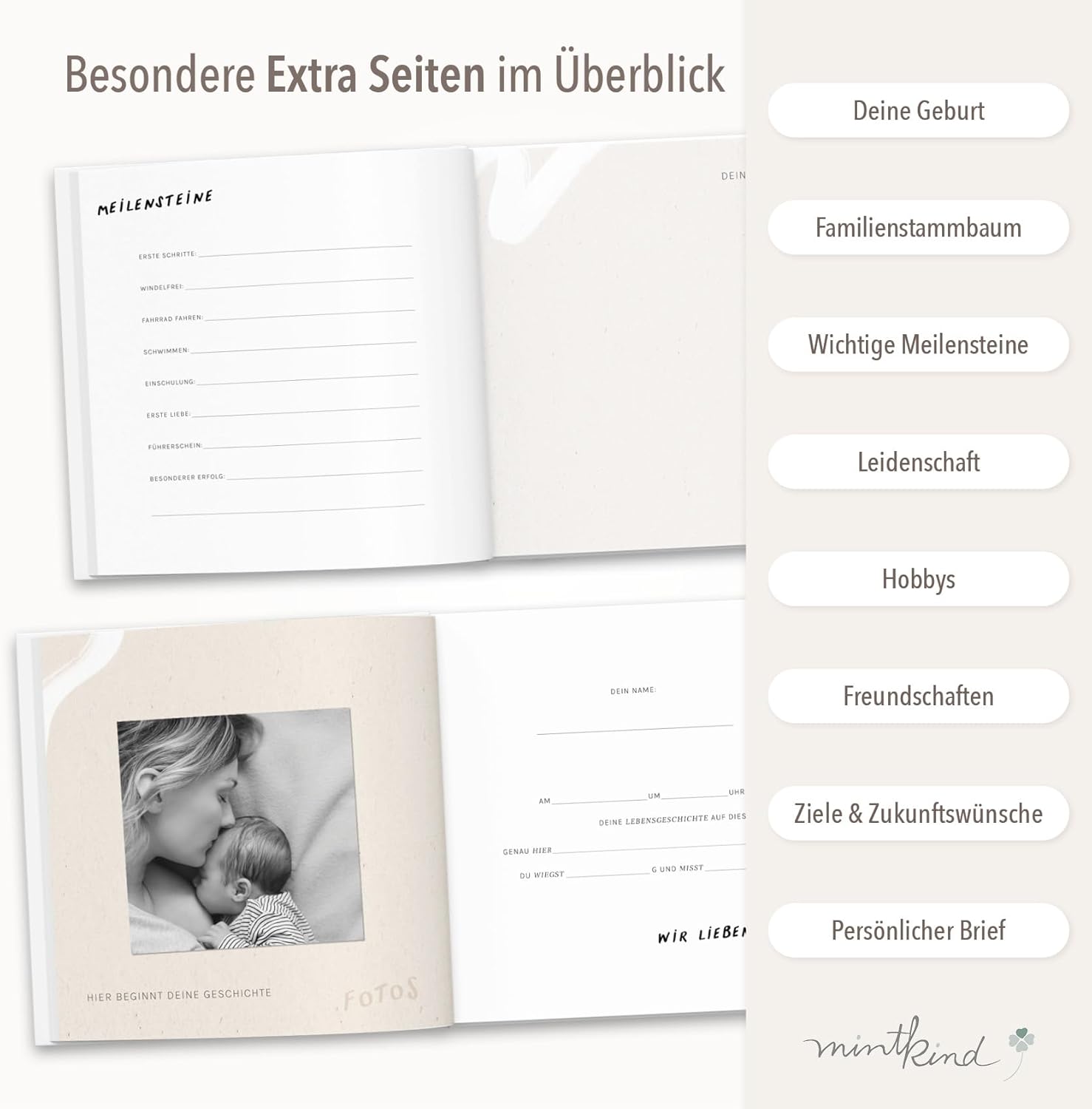 Thumbnail 5 de mintkind Erinnerungsbuch Kindheit Rosa – Geburtstagsbuch 0 bis 18 Jahre, Leinenalbum mit Fotos & Einträgen
