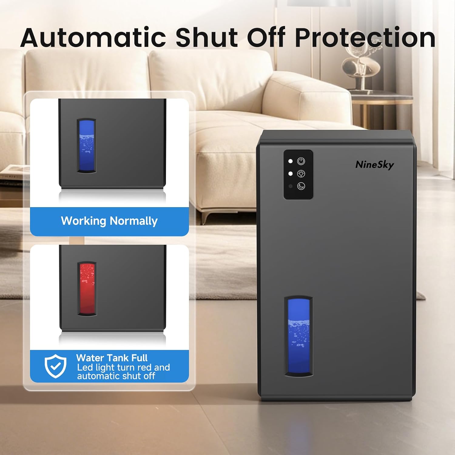 Detalle de NineSky 1000 Sq Ft Dehumidifier with 95 oz Tank — Quiet, Auto Shut-Off, and 7-Color Ambient Light