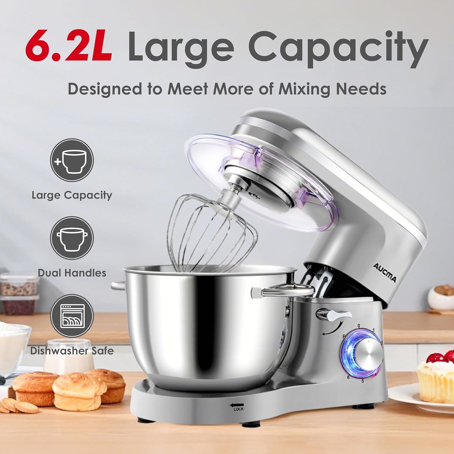 Thumbnail 1 de Aucma 6.2L Tilt-Head Stand Mixer with 1400W Motor and 3 Attachments