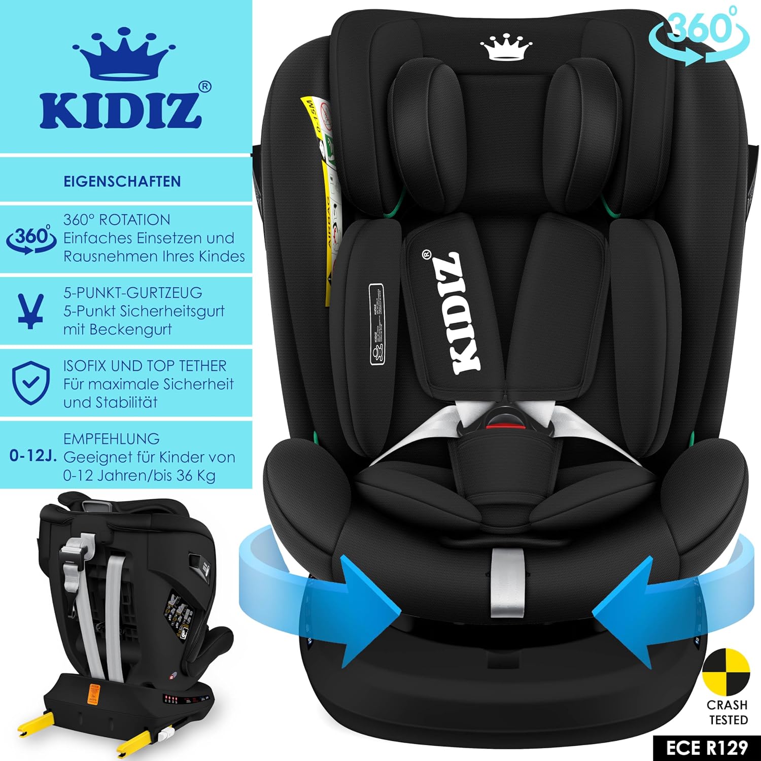 Thumbnail 1 de KIDIZ Autokindersitz mit ISOFIX i-Size R129 (100–150 cm) bis 12 Jahre, 5-Punkt-Gurt, höhenverstellbare Kopfstütze – Schwarz
