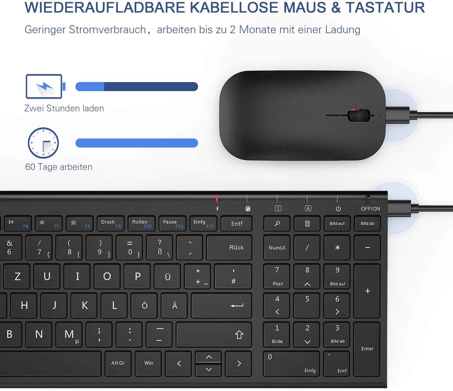 Detalle de seenda WGJP-031B Tastatur Maus Set Kabellos – ultraslimes Aluminiumgehäuse, 80%-Format mit vollem Nummernblock