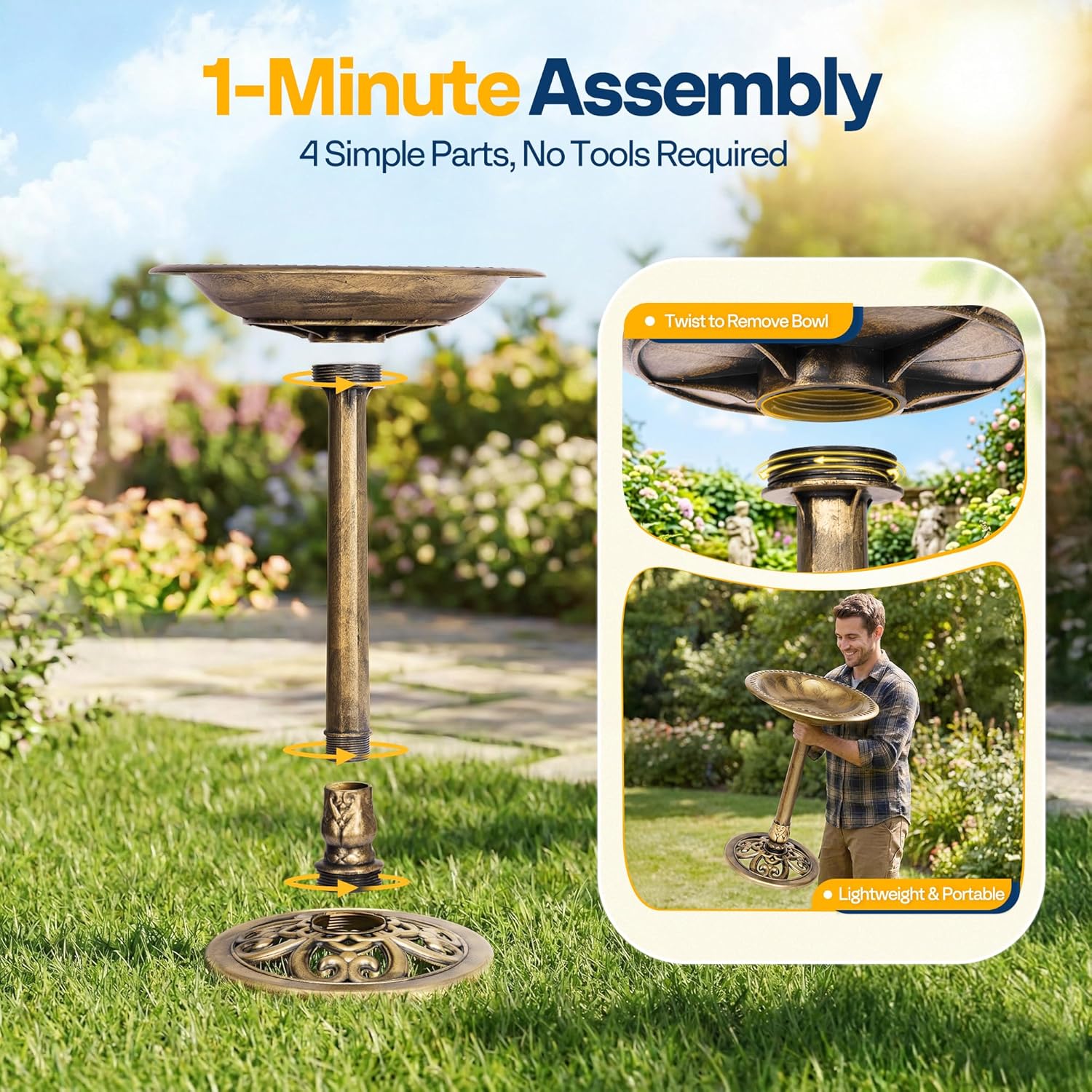 Detalle de VIVOHOME garden birdbath stand with copper-tone polyresin bowl, 71 x 50 x 50cm