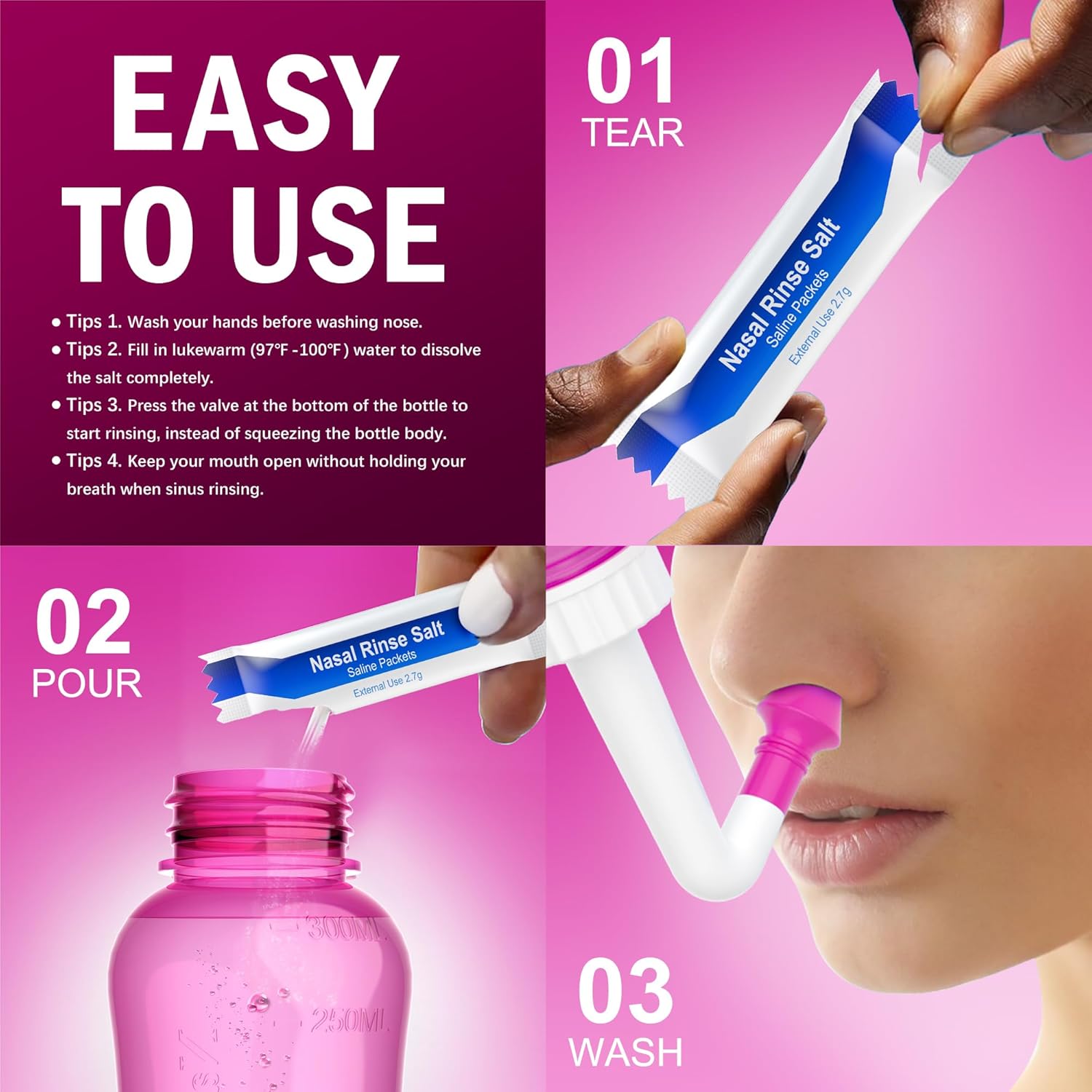 Detalle de Nasendusche Set – Neti-Topf zur Nasenspülung, 300 ml, BPA-frei, inkl. 30 Nasenwasch-Salzpakete und rosa Aufkleberthermometer
