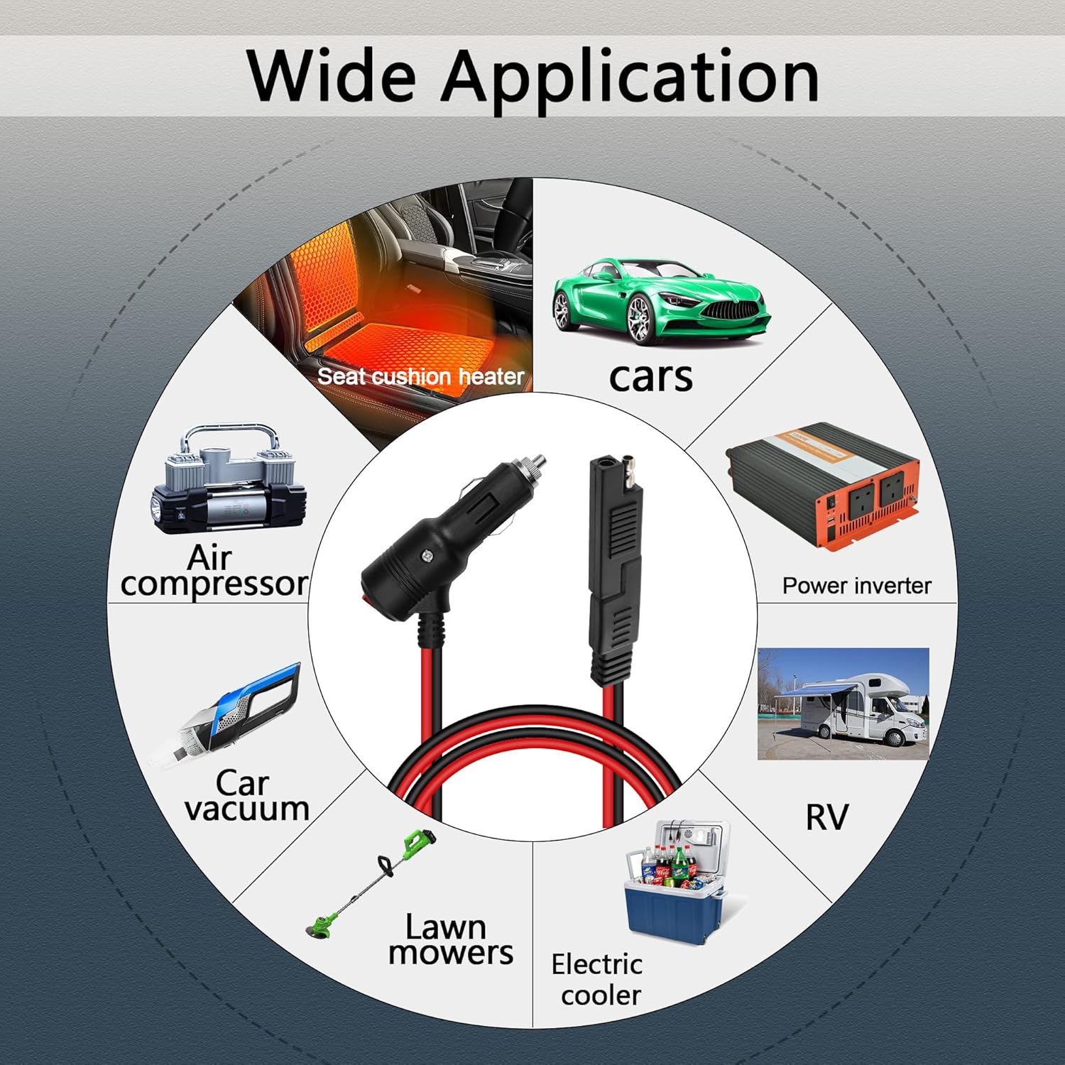 Thumbnail 6 de GELRHONR 6.5ft SAE to Cigarette Lighter Plug with Switch, 12V/24V adapter extension cable (15A fuse)